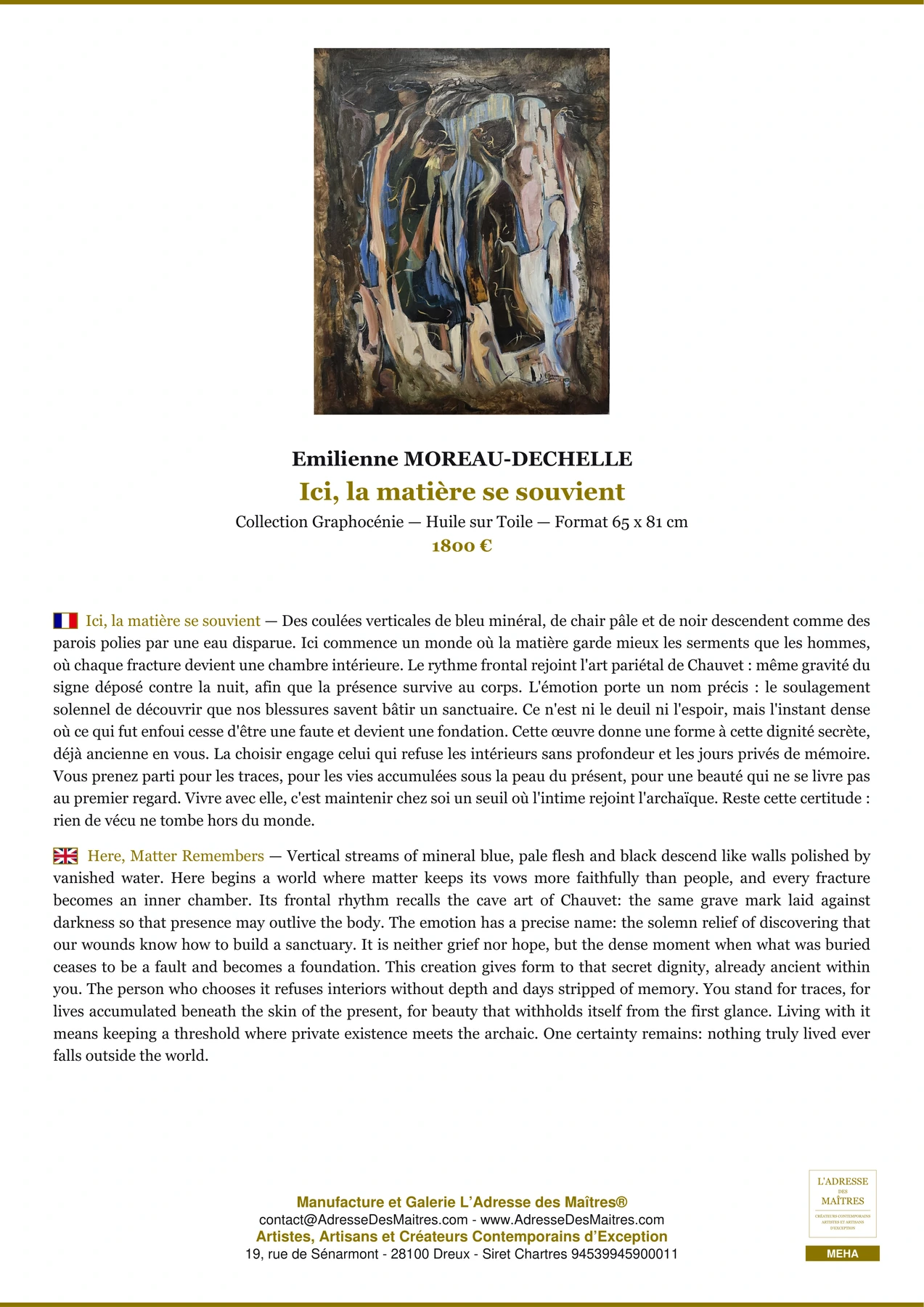 Fiche Premium - Ici, la matière se souvient - Emilienne MOREAU-DECHELLE - L'Adresse des Maîtres®