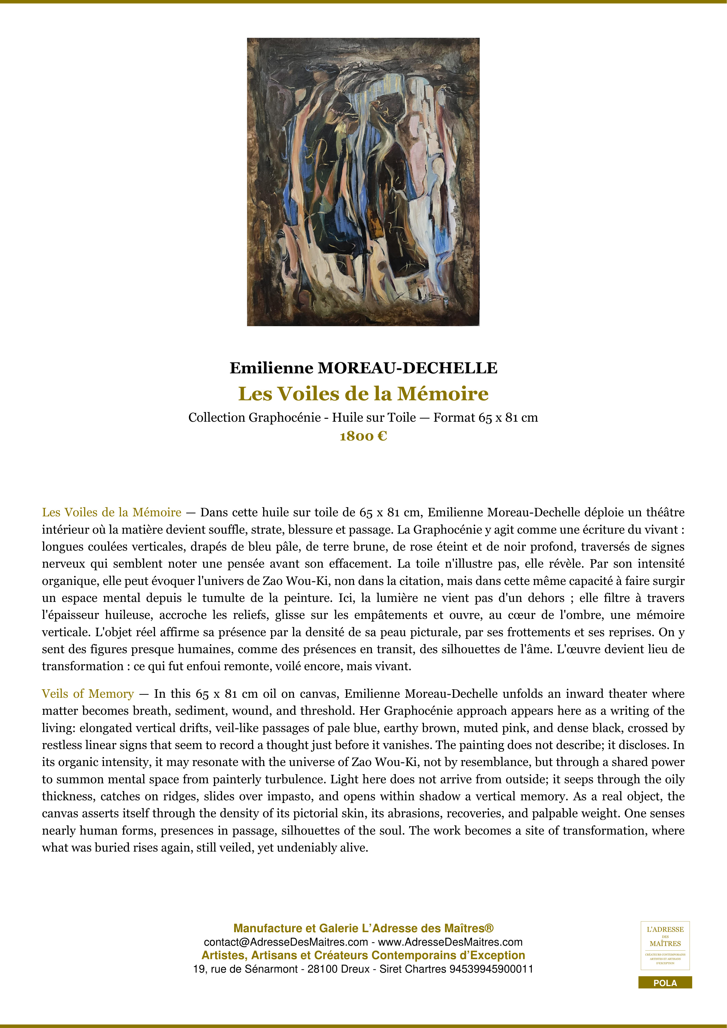 Fiche Premium — Les Voiles de la Mémoire — Emilienne MOREAU-DECHELLE — L'Adresse des Maîtres®