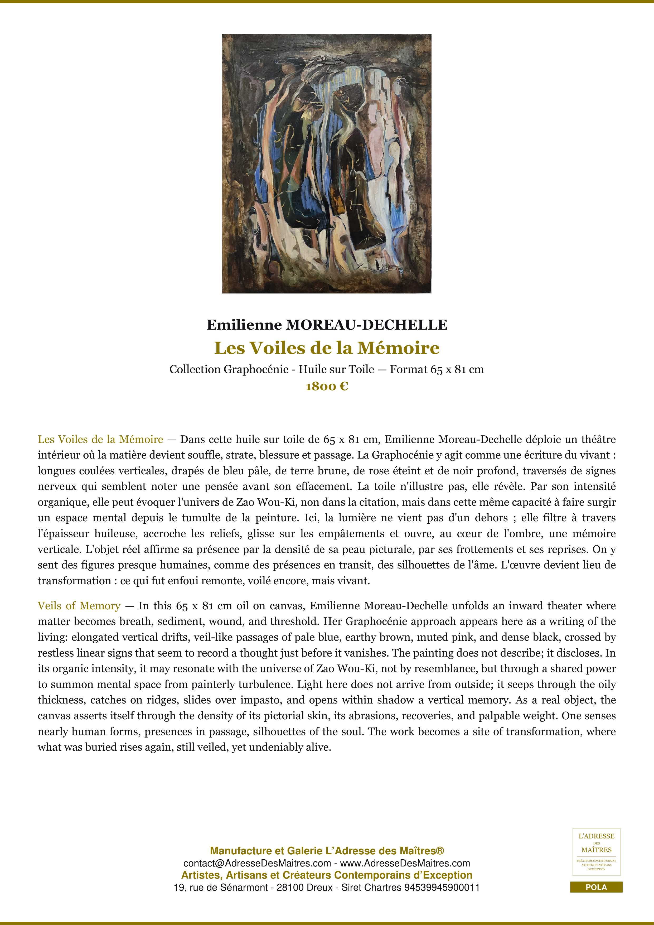 Fiche Premium — Les Voiles de la Mémoire — Emilienne MOREAU-DECHELLE — L'Adresse des Maîtres®