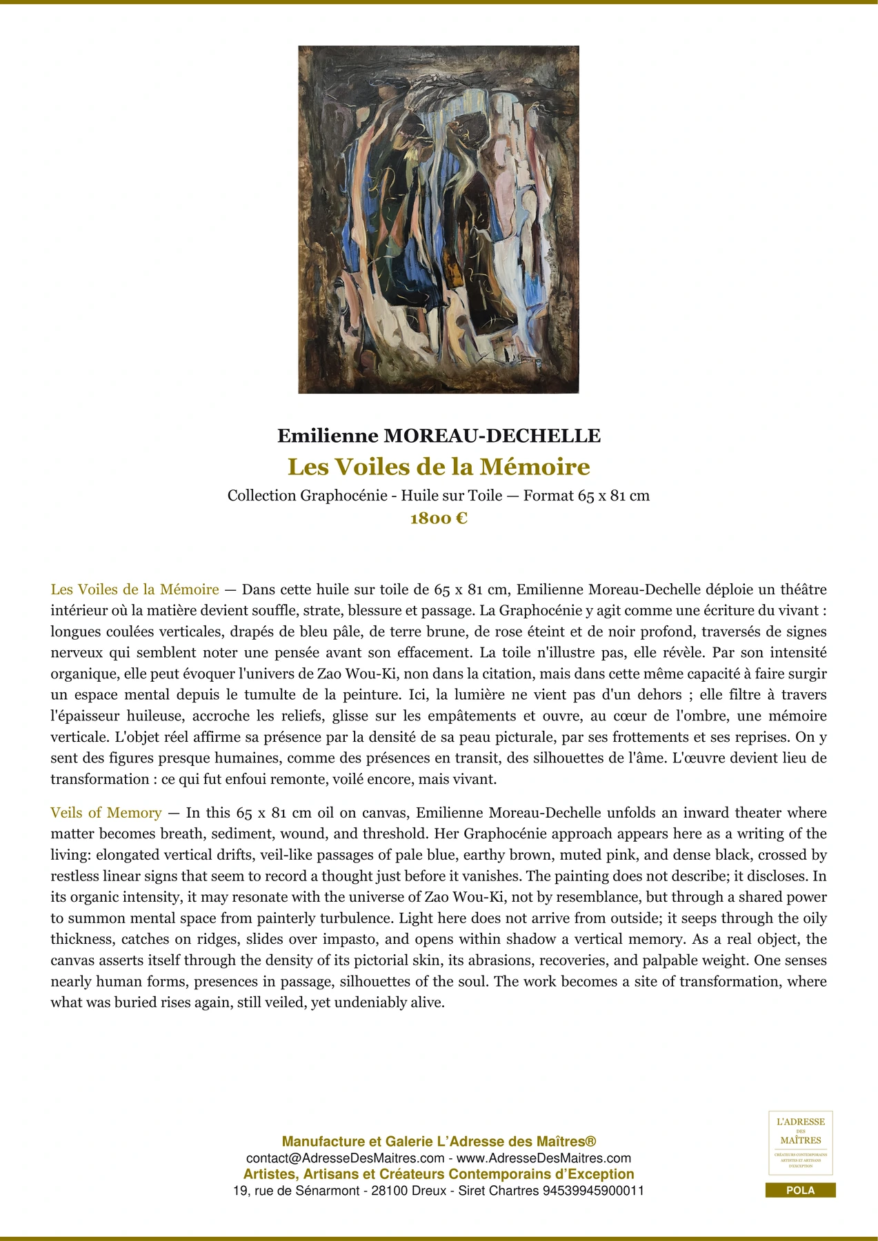 Fiche Premium - Les Voiles de la Mémoire - Emilienne MOREAU-DECHELLE - L'Adresse des Maîtres®