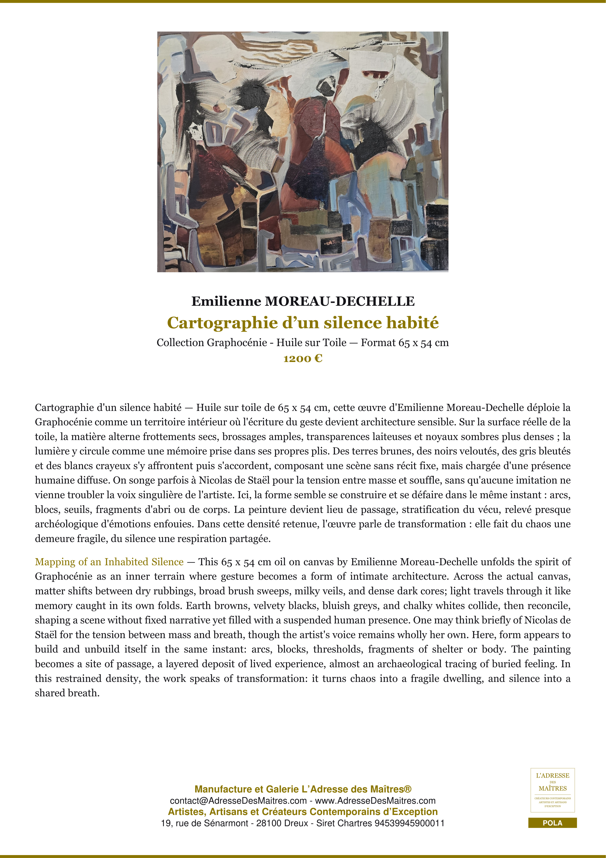 Fiche Premium — Cartographie d’un silence habité — Emilienne MOREAU-DECHELLE — L'Adresse des Maîtres®