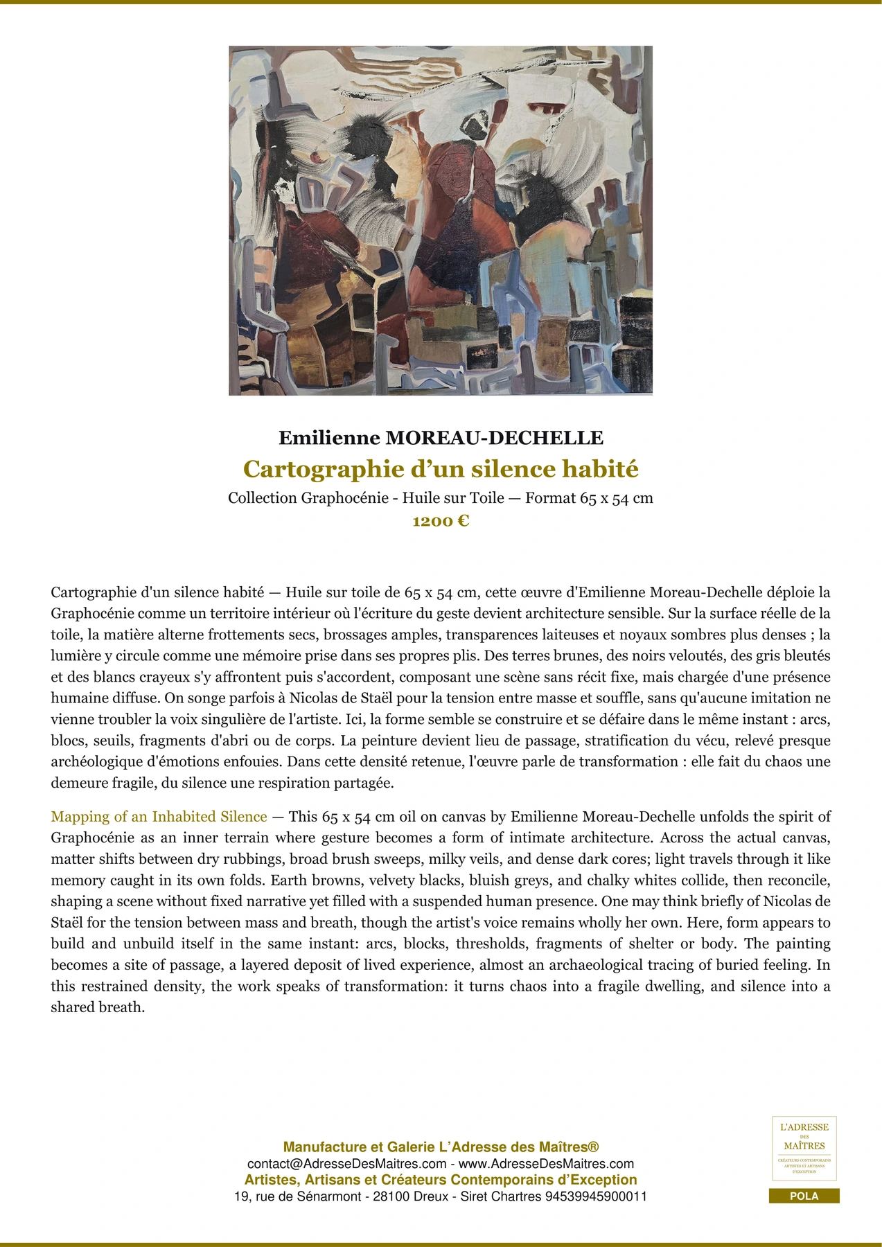 Fiche Premium - Cartographie d’un silence habité - Emilienne MOREAU-DECHELLE - L'Adresse des Maîtres®