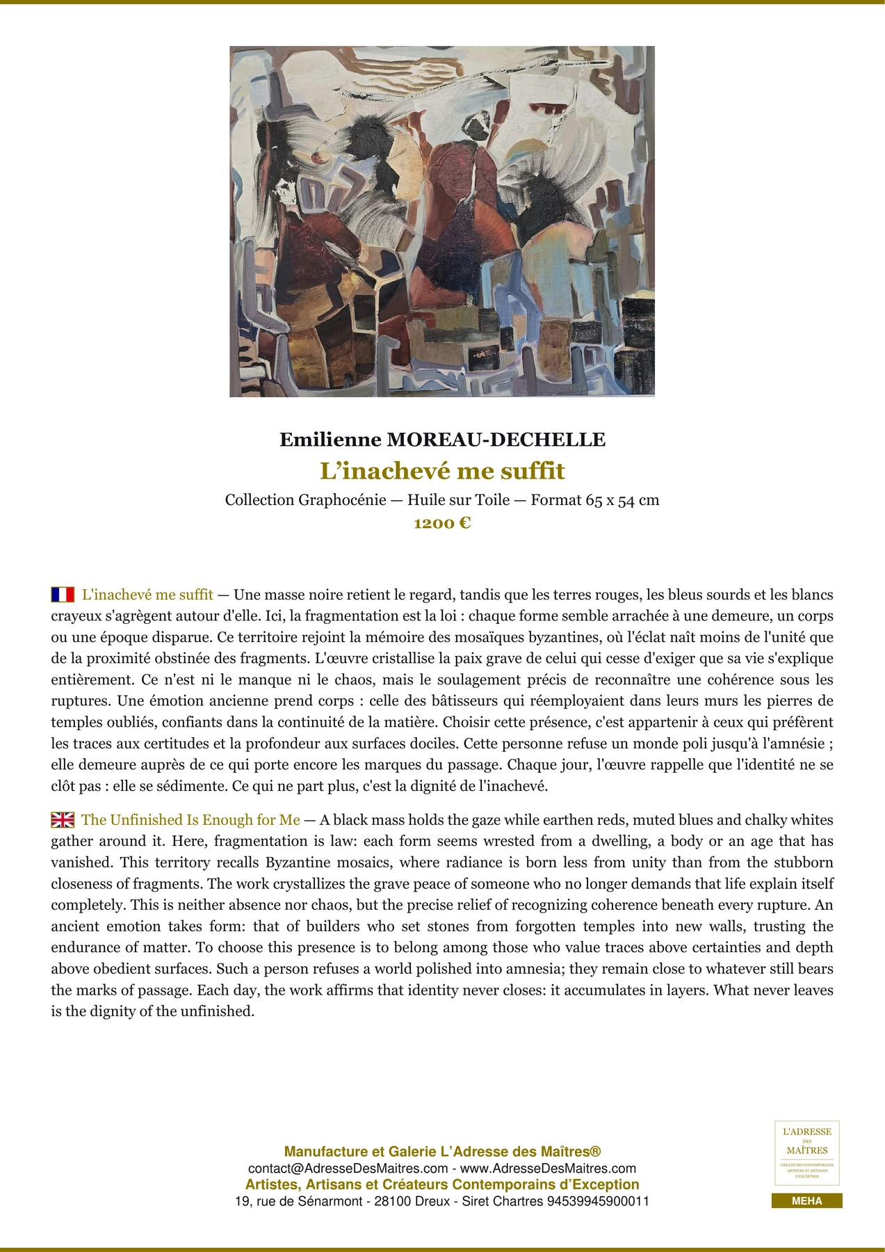 Fiche Premium - L’inachevé me suffit - Emilienne MOREAU-DECHELLE - L'Adresse des Maîtres®