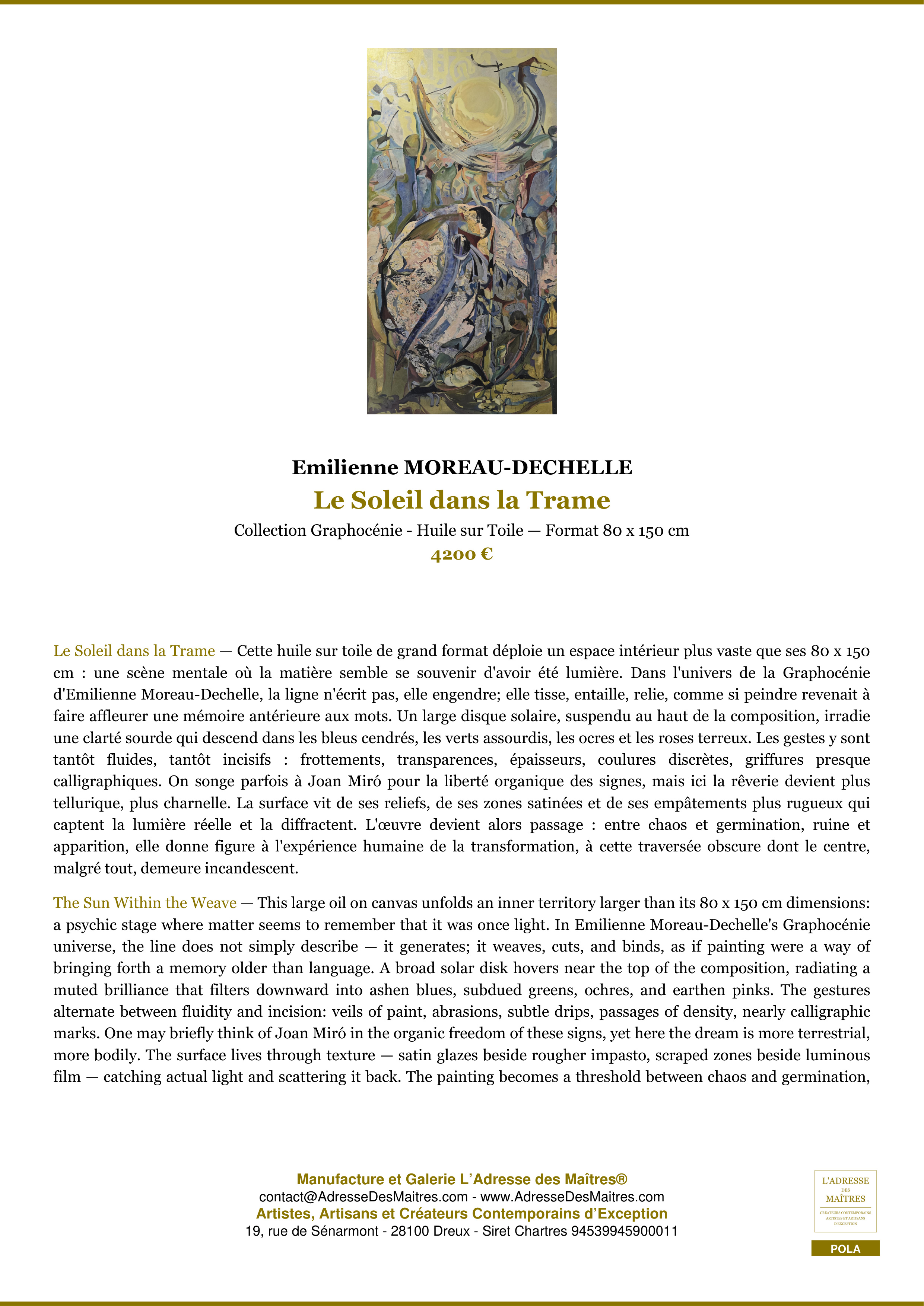 Fiche Premium — Le Soleil dans la Trame — Emilienne MOREAU-DECHELLE — L'Adresse des Maîtres®