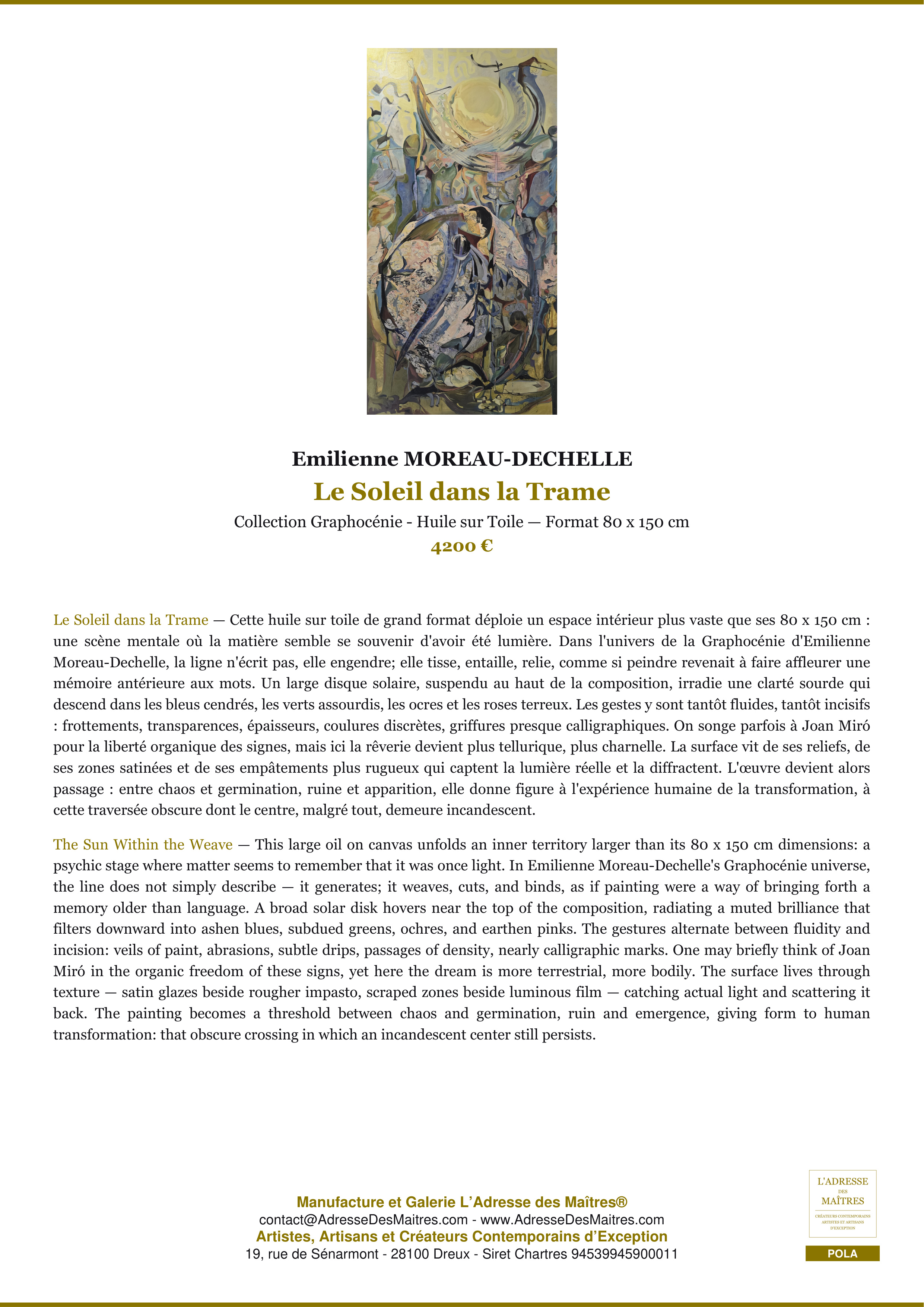 Fiche Premium — Le Soleil dans la Trame — Emilienne MOREAU-DECHELLE — L'Adresse des Maîtres®