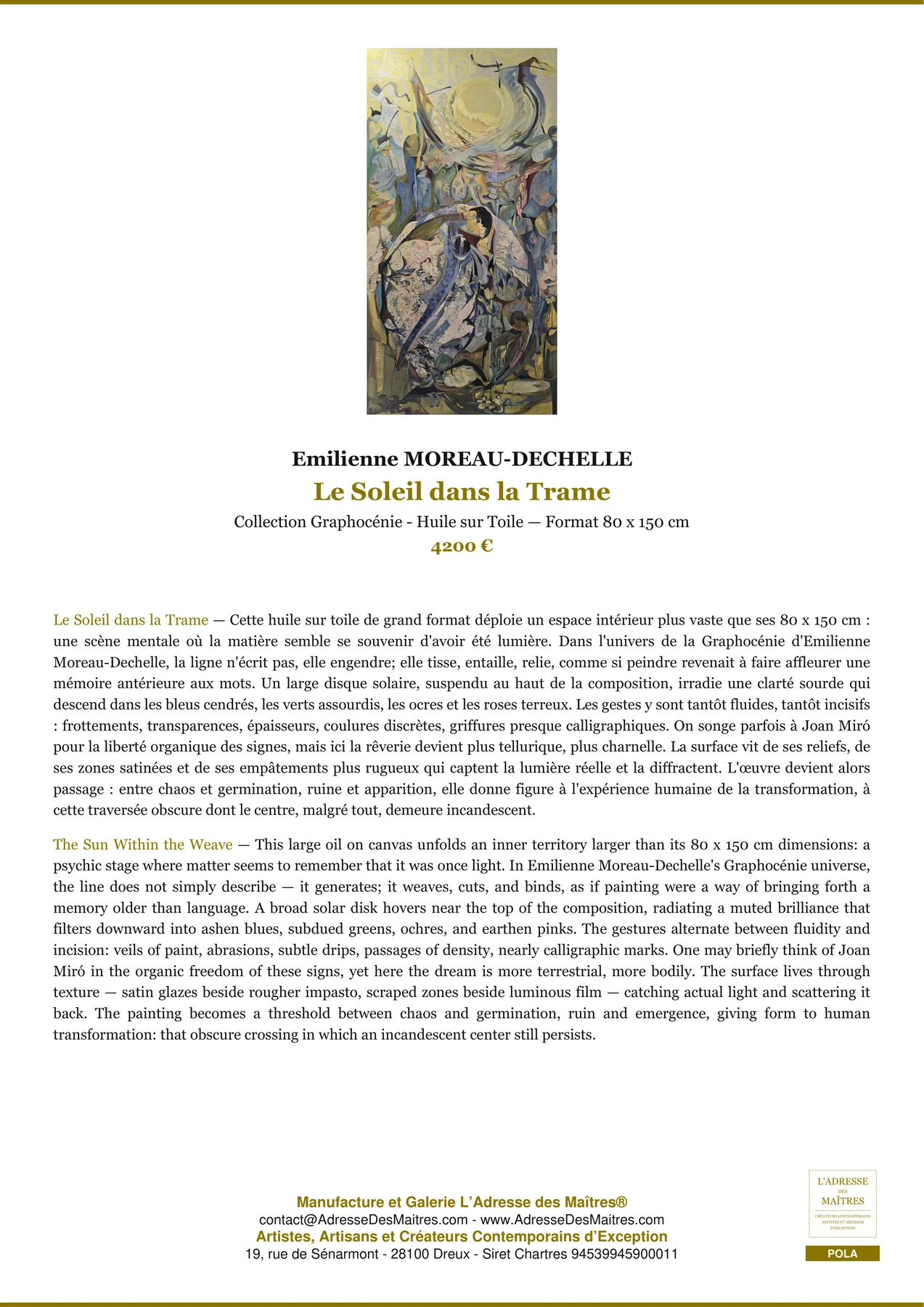 Fiche Premium - Le Soleil dans la Trame - Emilienne MOREAU-DECHELLE - L'Adresse des Maîtres®