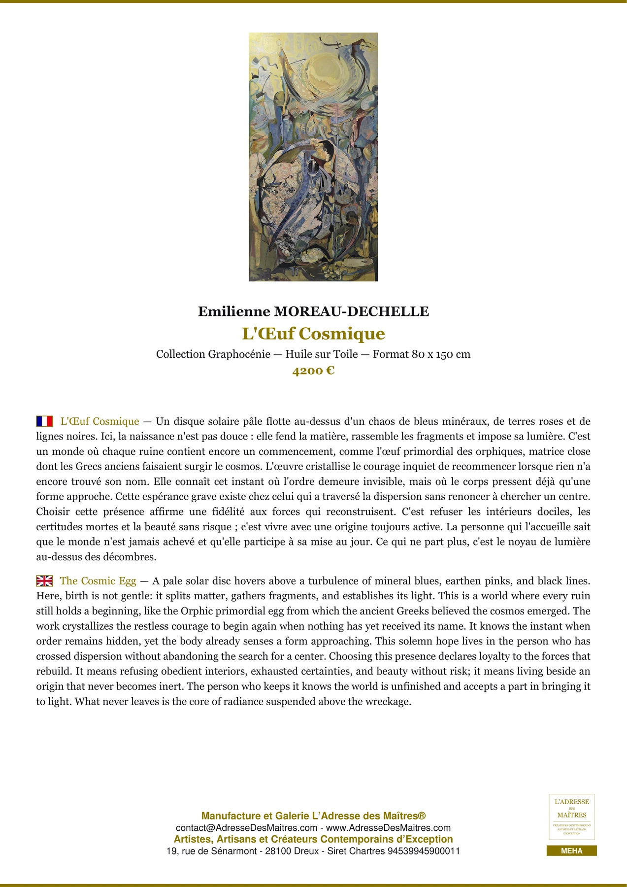 Fiche Premium - L'Œuf Cosmique - Emilienne MOREAU-DECHELLE - L'Adresse des Maîtres®