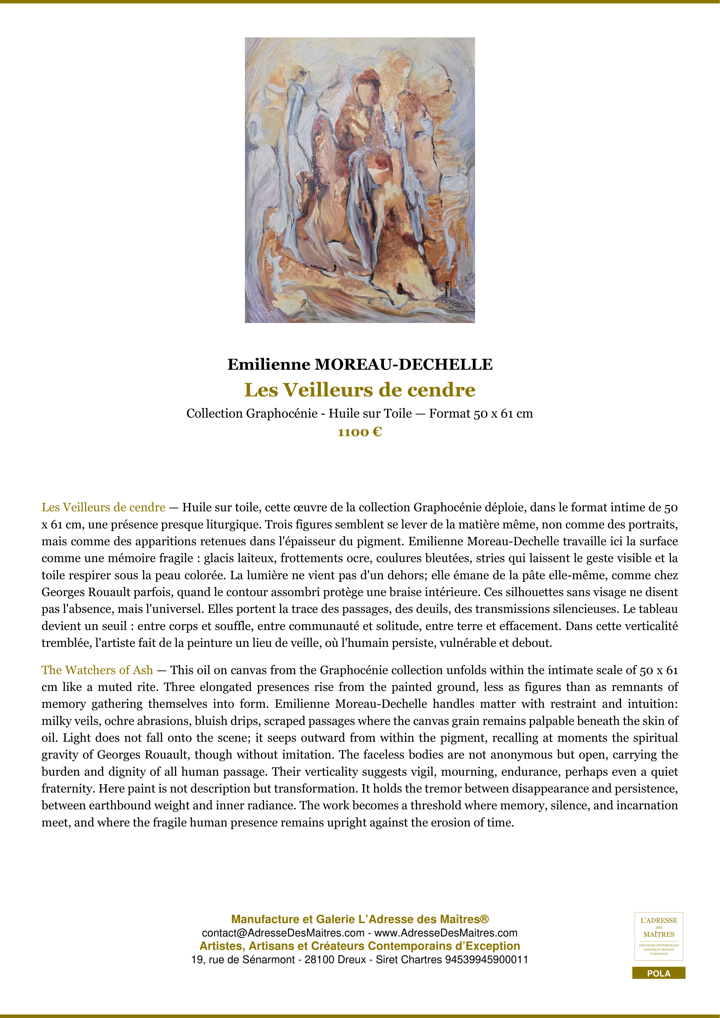 Fiche Premium — Les Veilleurs de cendre — Emilienne MOREAU-DECHELLE — L'Adresse des Maîtres®