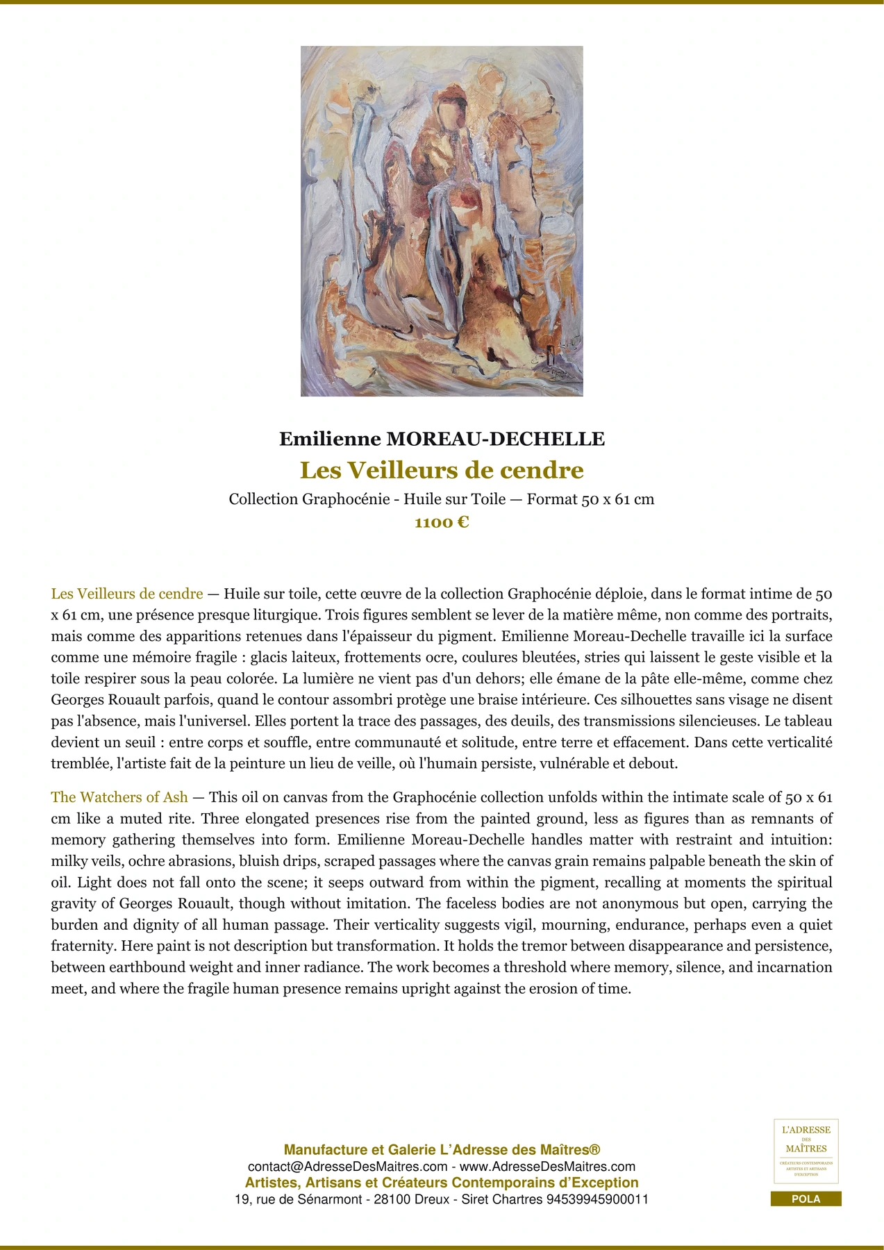 Fiche Premium - Les Veilleurs de cendre - Emilienne MOREAU-DECHELLE - L'Adresse des Maîtres®