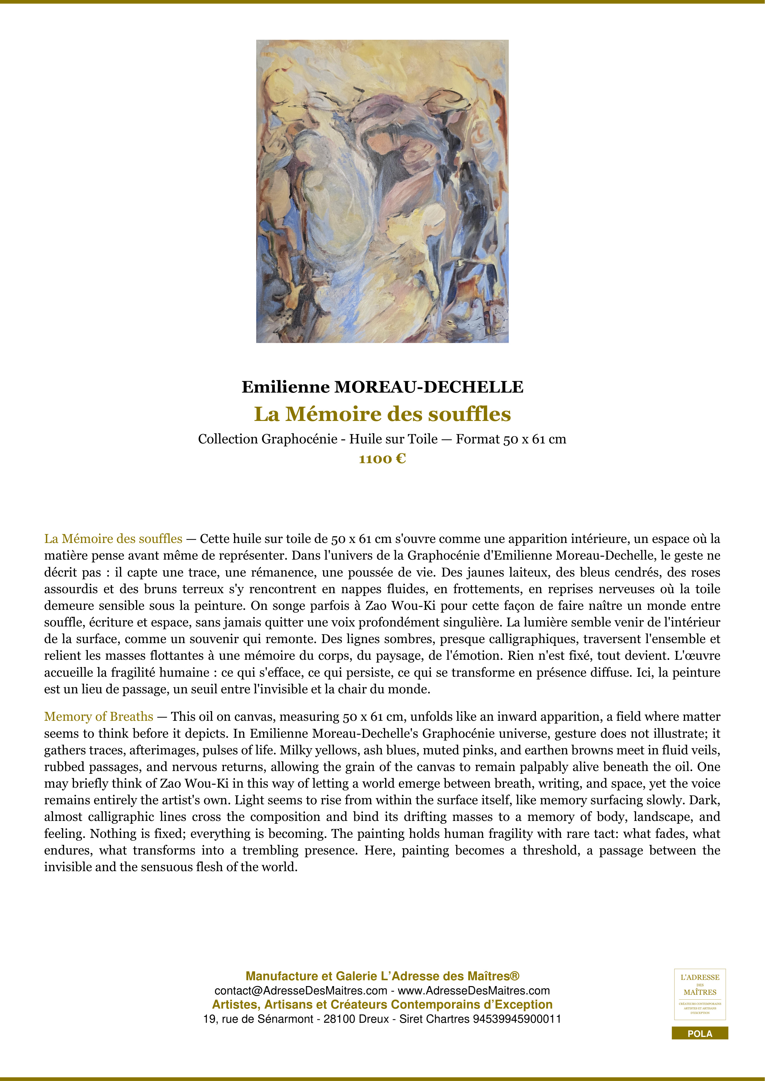 Fiche Premium — La Mémoire des souffles — Emilienne MOREAU-DECHELLE — L'Adresse des Maîtres®