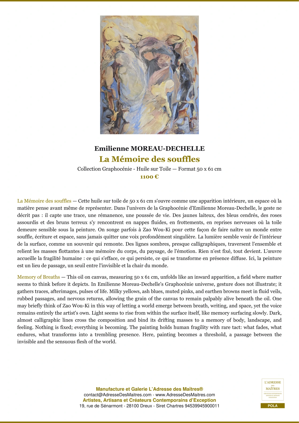 Fiche Premium - La Mémoire des souffles - Emilienne MOREAU-DECHELLE - L'Adresse des Maîtres®