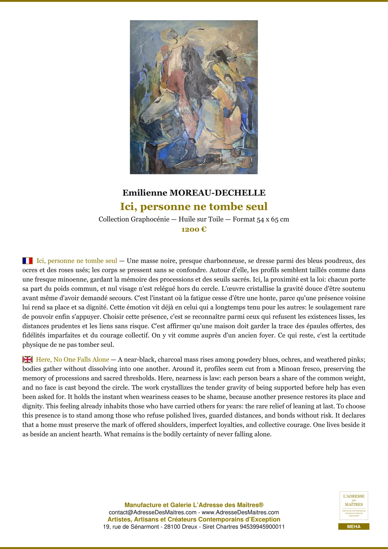 Fiche Premium - Ici, personne ne tombe seul - Emilienne MOREAU-DECHELLE - L'Adresse des Maîtres®
