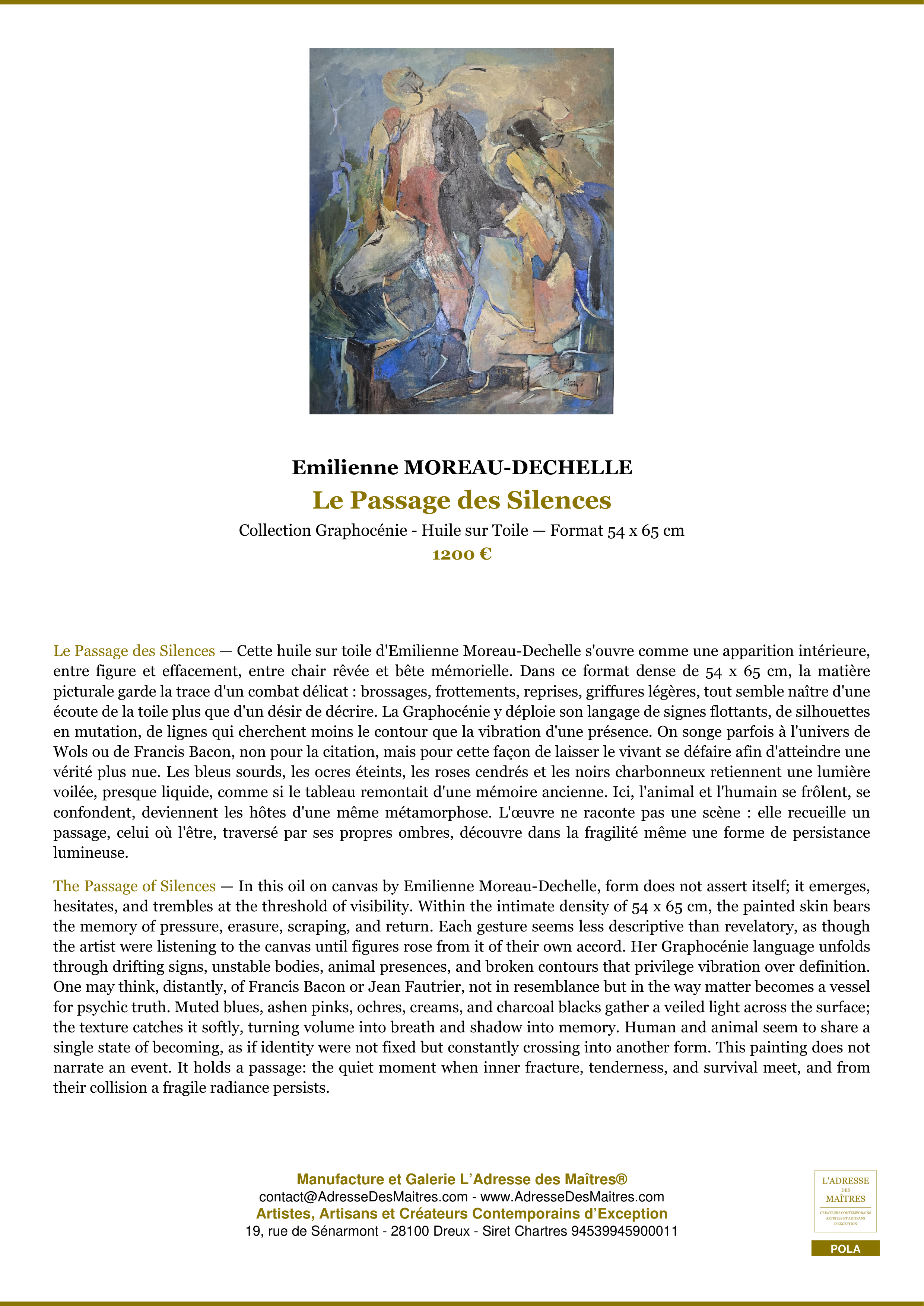 Fiche Premium — Le Passage des Silences — Emilienne MOREAU-DECHELLE — L'Adresse des Maîtres®