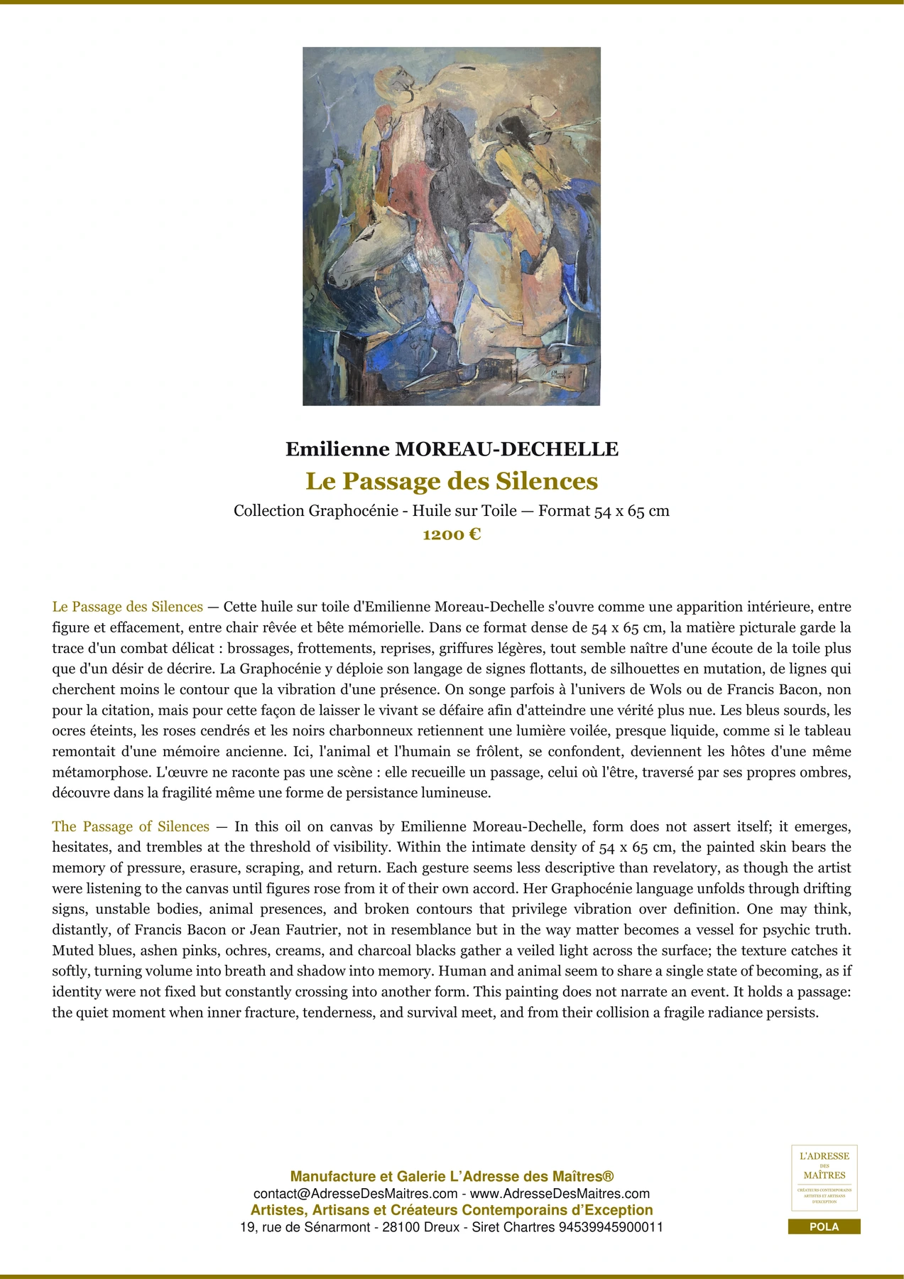 Fiche Premium - Le Passage des Silences - Emilienne MOREAU-DECHELLE - L'Adresse des Maîtres®