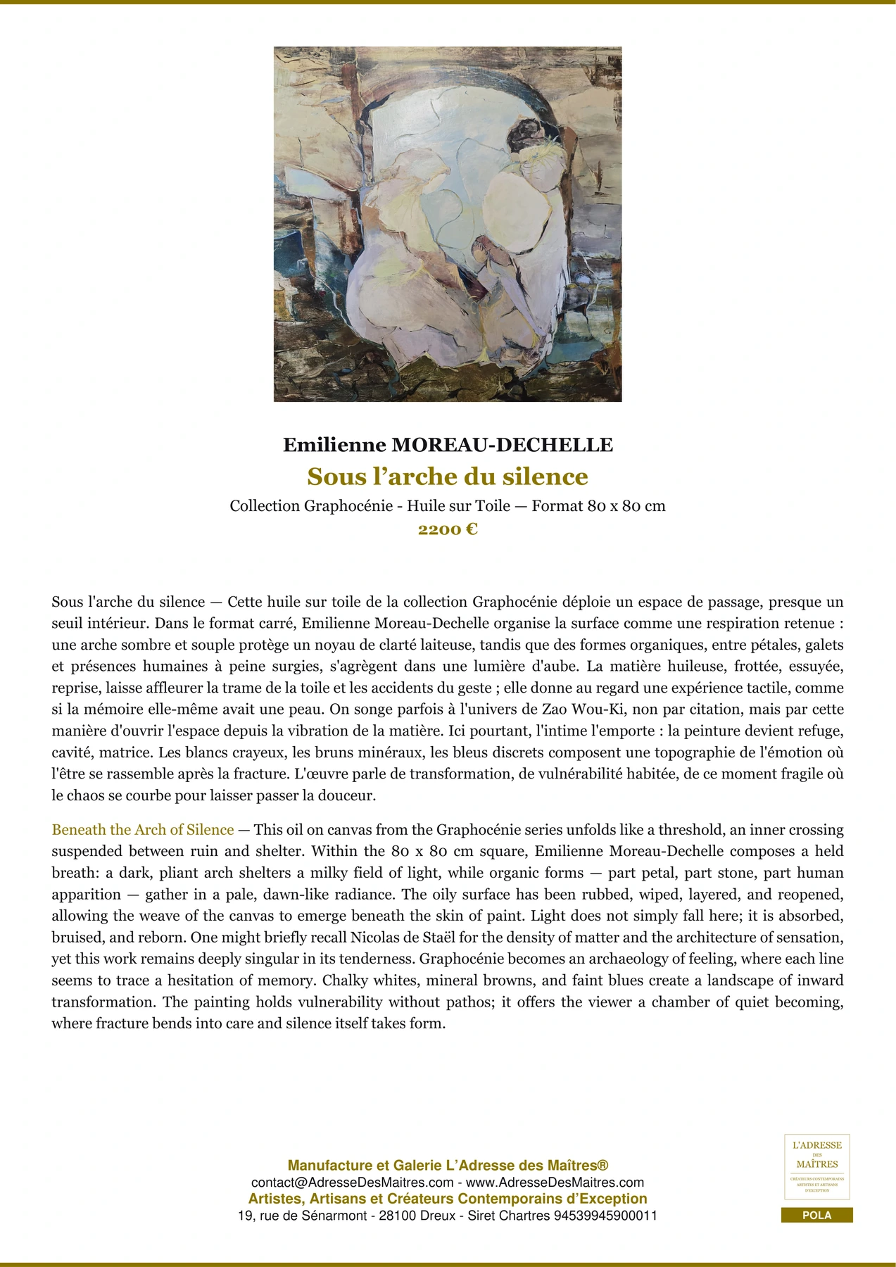Fiche Premium - Sous l’arche du silence - Emilienne MOREAU-DECHELLE - L'Adresse des Maîtres®