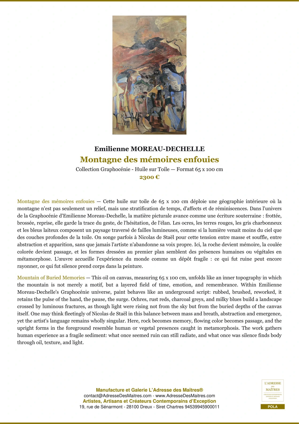 Fiche Premium - Montagne des mémoires enfouies - Emilienne MOREAU-DECHELLE - L'Adresse des Maîtres®