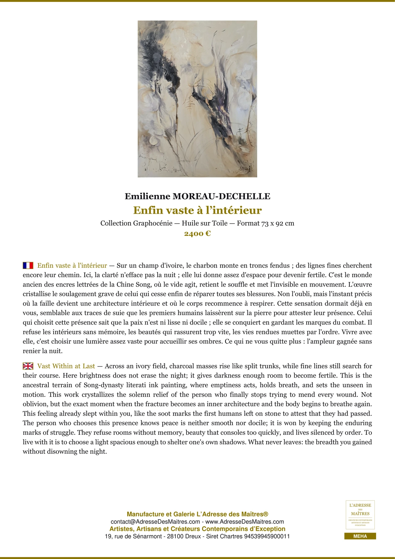 Fiche Premium - Enfin vaste à l’intérieur - Emilienne MOREAU-DECHELLE - L'Adresse des Maîtres®