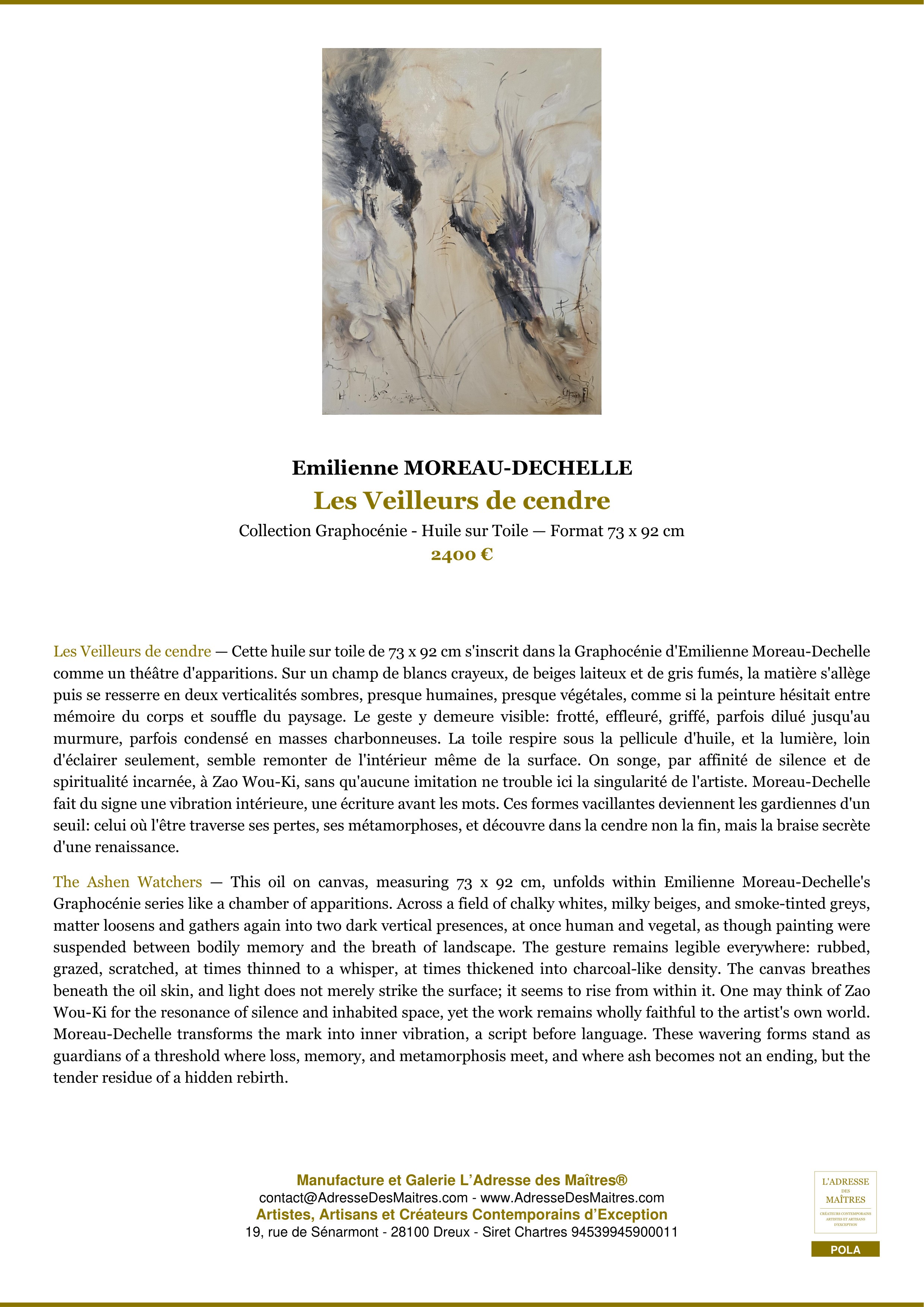 Fiche Premium — Les Veilleurs de cendre — Emilienne MOREAU-DECHELLE — L'Adresse des Maîtres®