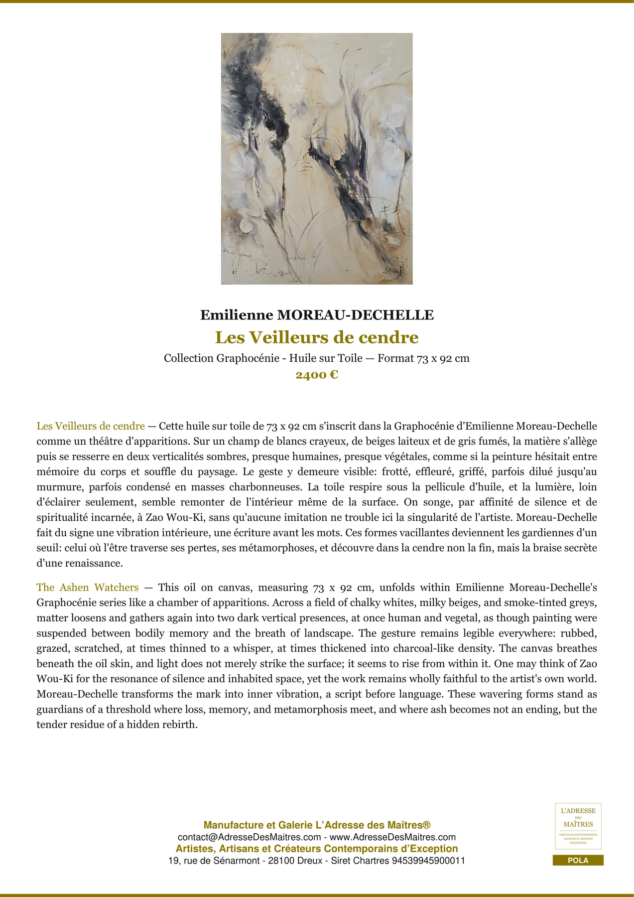 Fiche Premium - Les Veilleurs de cendre - Emilienne MOREAU-DECHELLE - L'Adresse des Maîtres®