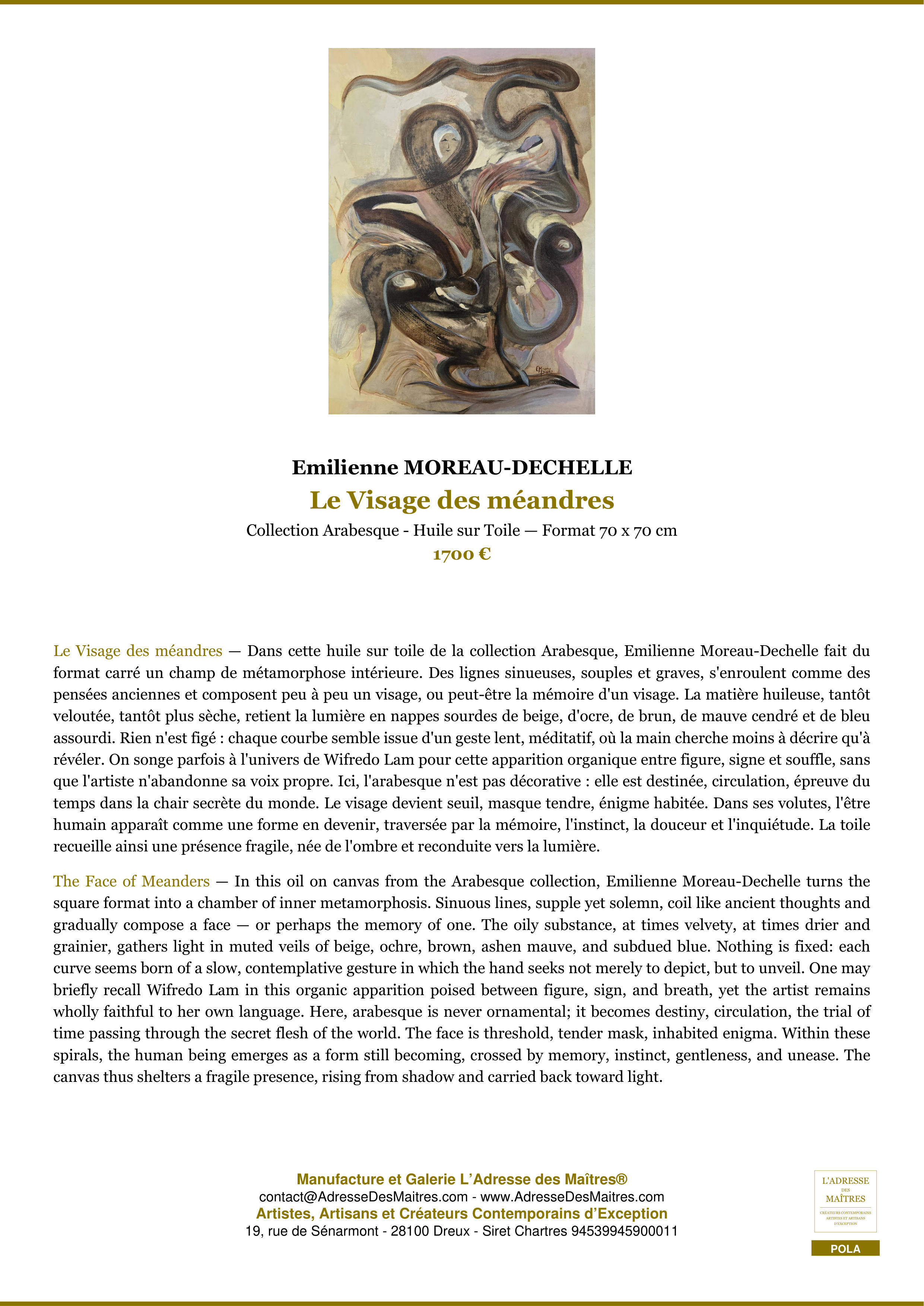 Fiche Premium — Le Visage des méandres — Emilienne MOREAU-DECHELLE — L'Adresse des Maîtres®