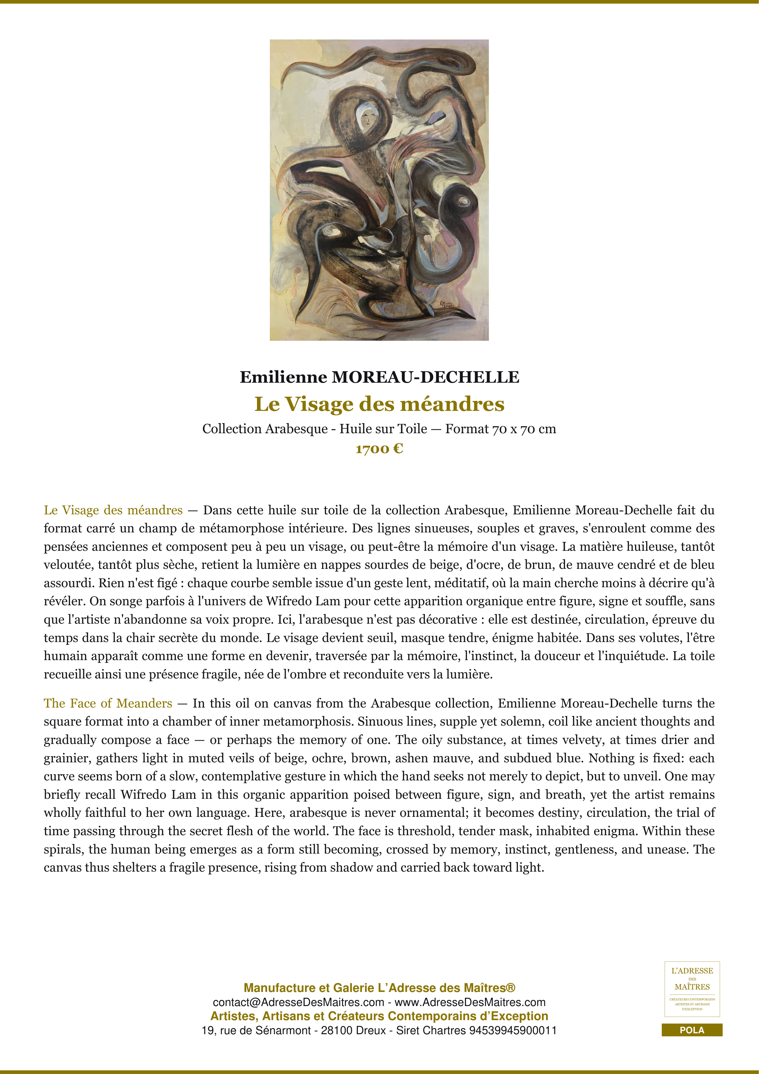 Fiche Premium — Le Visage des méandres — Emilienne MOREAU-DECHELLE — L'Adresse des Maîtres®