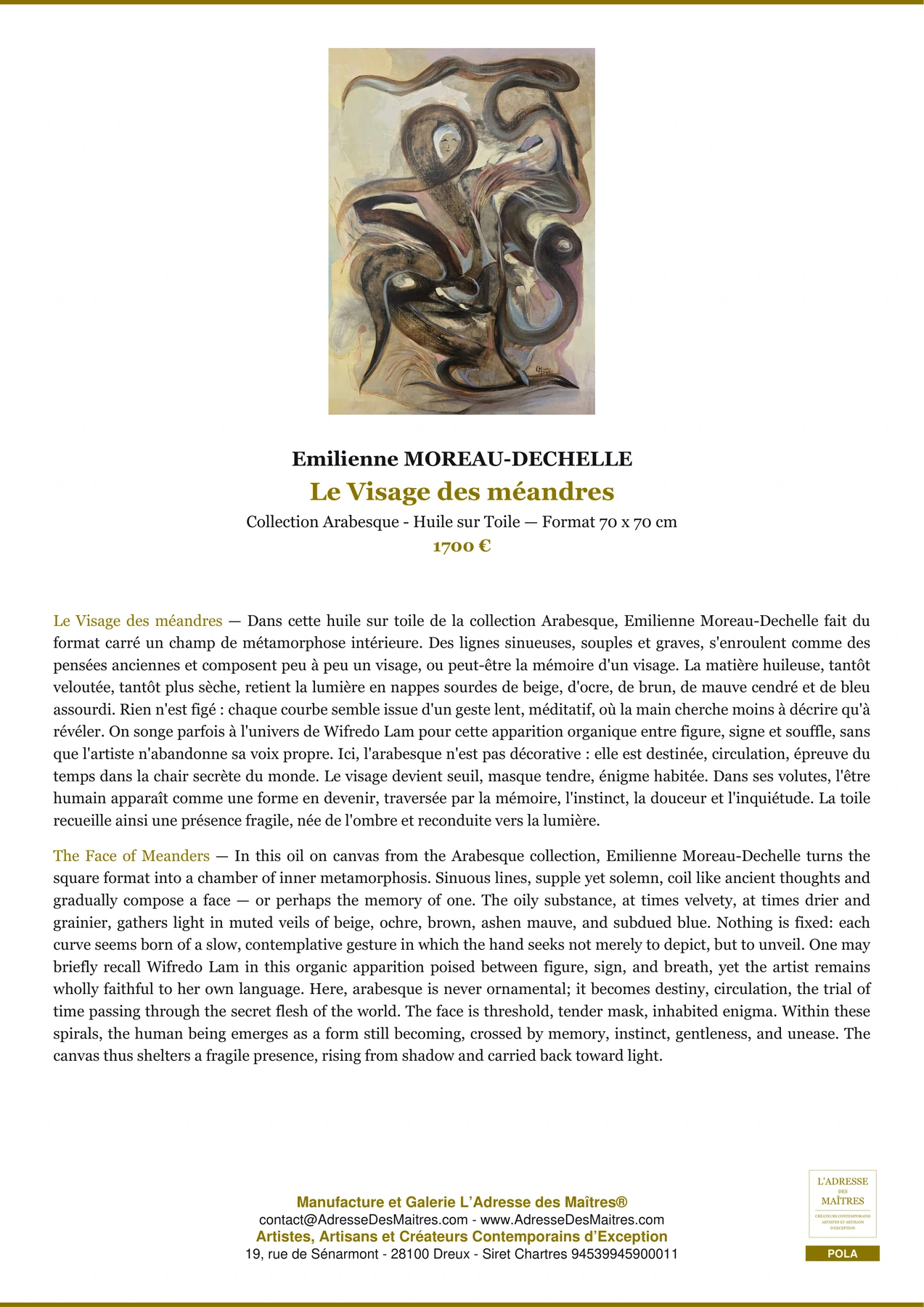 Fiche Premium - Le Visage des méandres - Emilienne MOREAU-DECHELLE - L'Adresse des Maîtres®