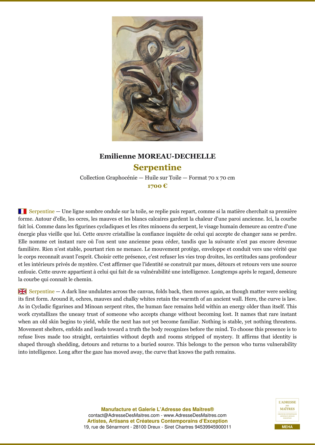 Fiche Premium - Serpentine - Emilienne MOREAU-DECHELLE - L'Adresse des Maîtres®