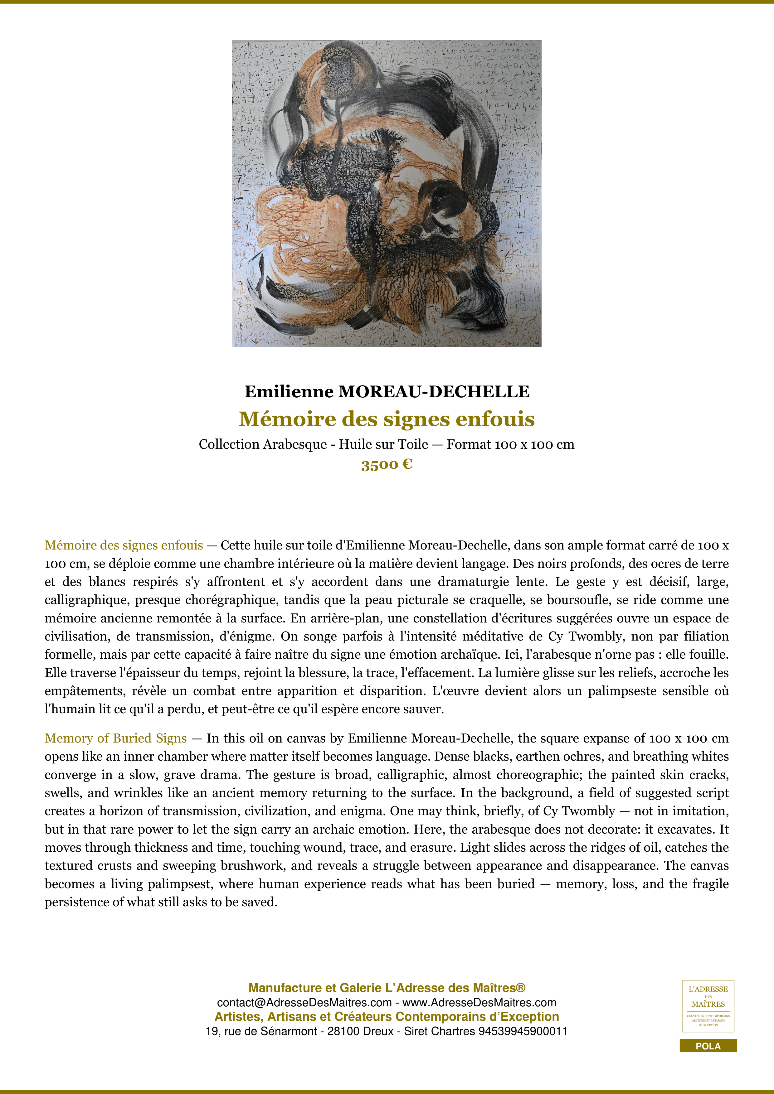 Fiche Premium — Mémoire des signes enfouis — Emilienne MOREAU-DECHELLE — L'Adresse des Maîtres®