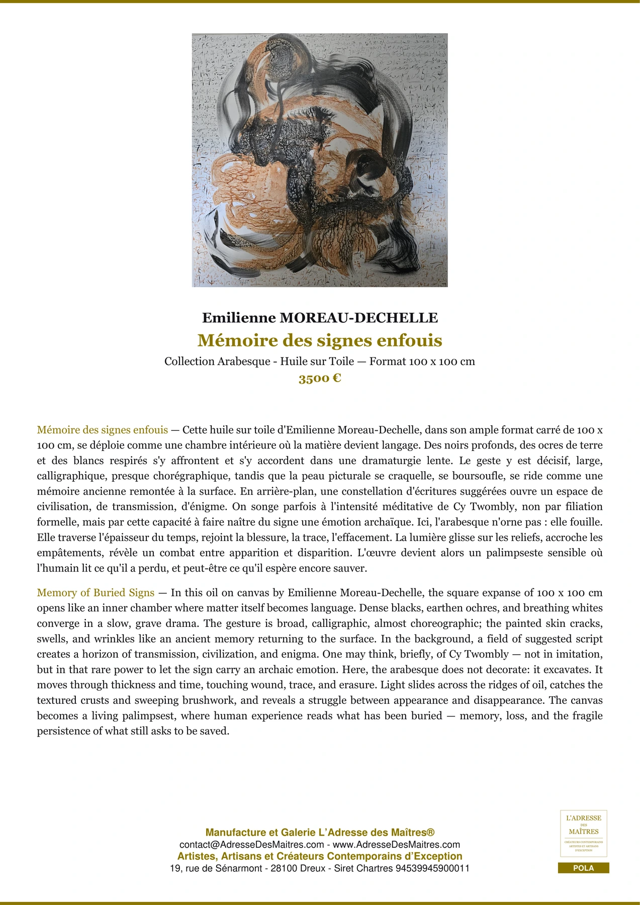 Fiche Premium - Mémoire des signes enfouis - Emilienne MOREAU-DECHELLE - L'Adresse des Maîtres®