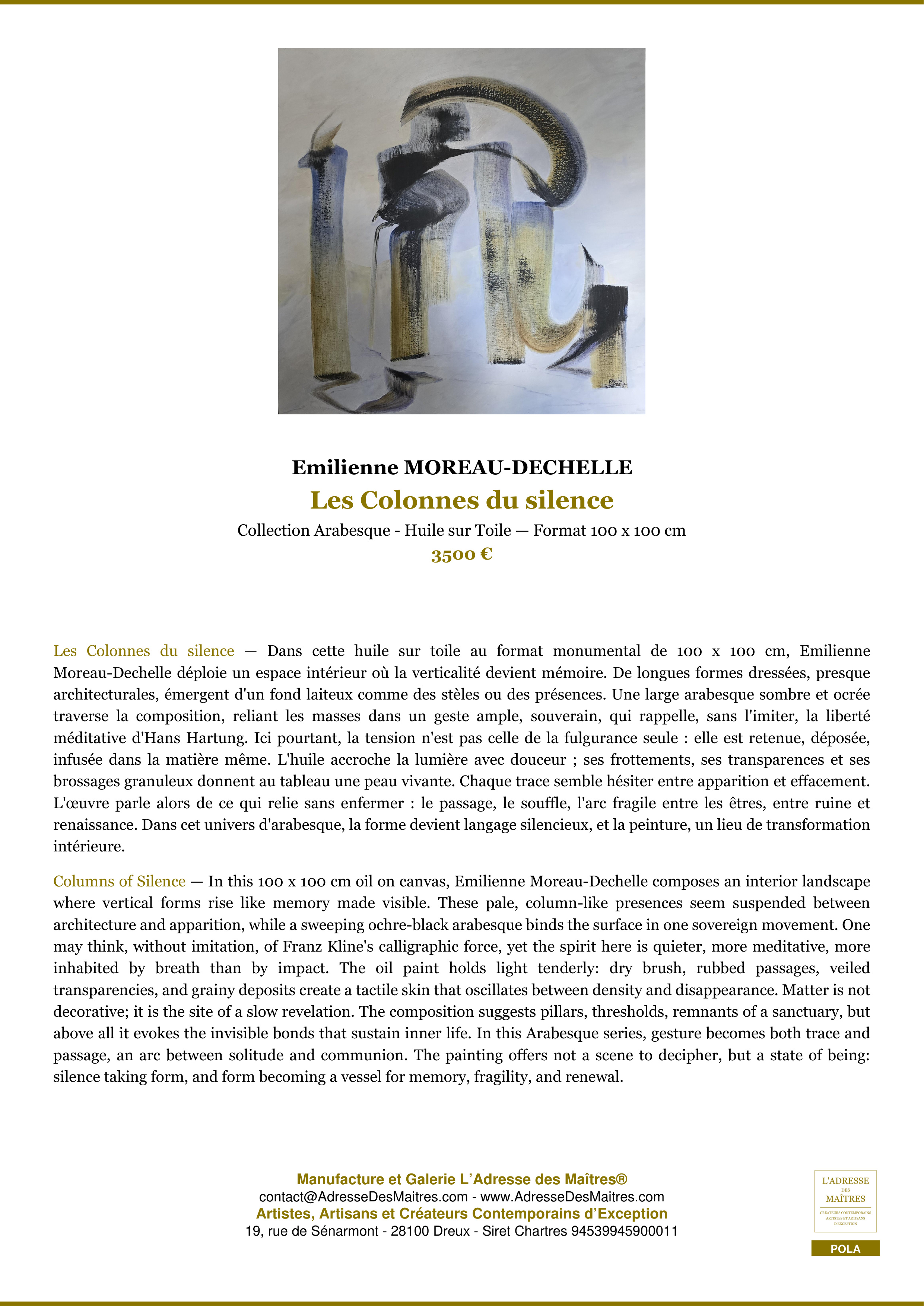 Fiche Premium — Les Colonnes du silence — Emilienne MOREAU-DECHELLE — L'Adresse des Maîtres®
