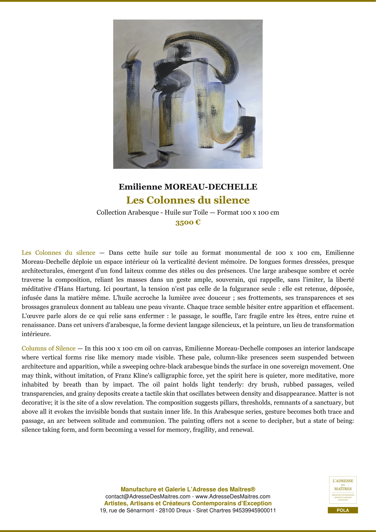 Fiche Premium - Les Colonnes du silence - Emilienne MOREAU-DECHELLE - L'Adresse des Maîtres®