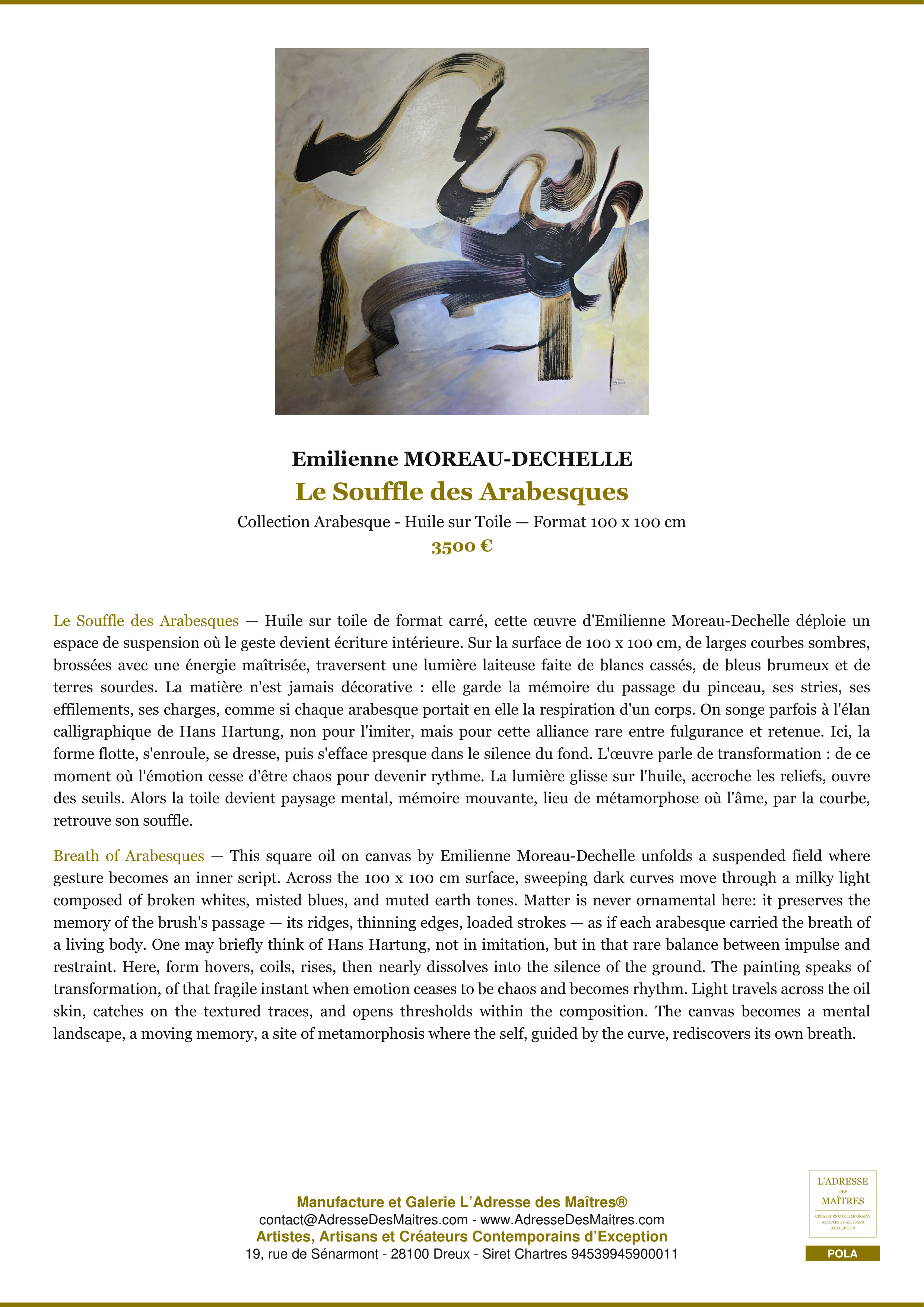 Fiche Premium — Le Souffle des Arabesques — Emilienne MOREAU-DECHELLE — L'Adresse des Maîtres®
