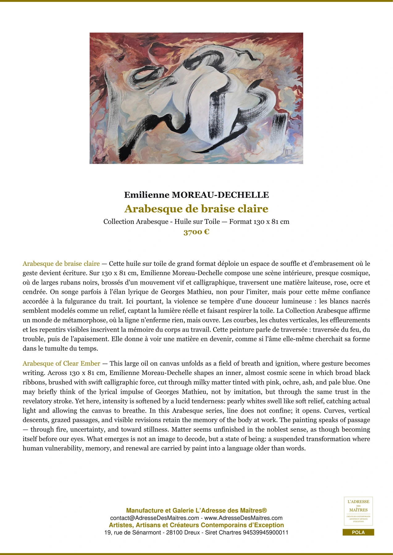 Fiche Premium - Arabesque de braise claire - Emilienne MOREAU-DECHELLE - L'Adresse des Maîtres®