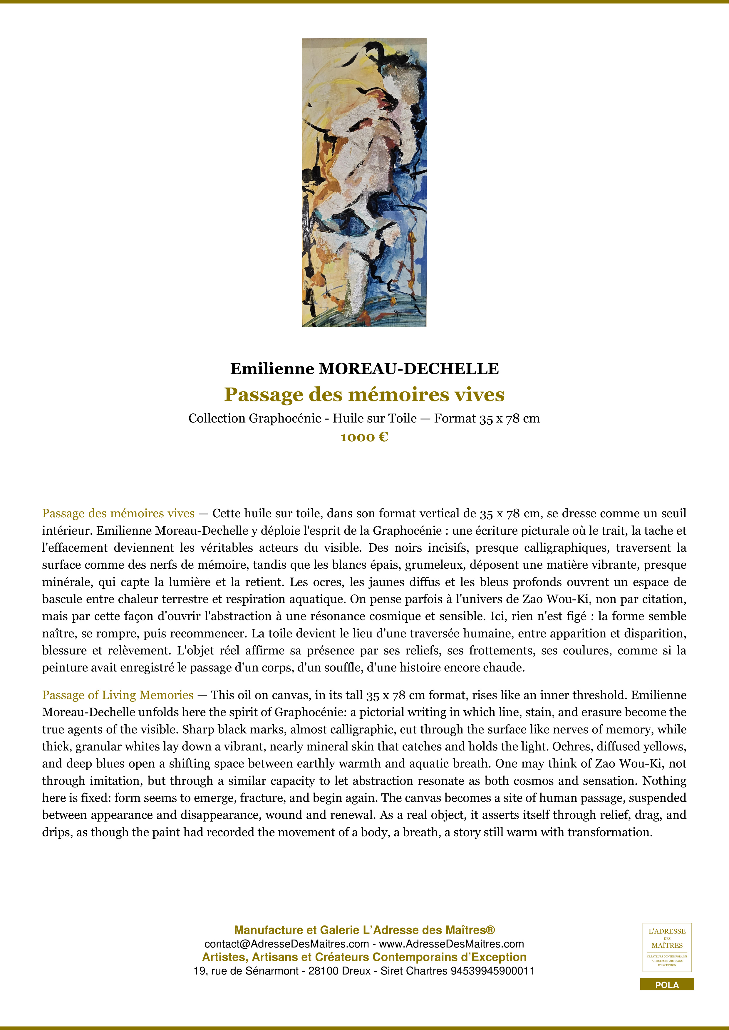 Fiche Premium — Passage des mémoires vives — Emilienne MOREAU-DECHELLE — L'Adresse des Maîtres®