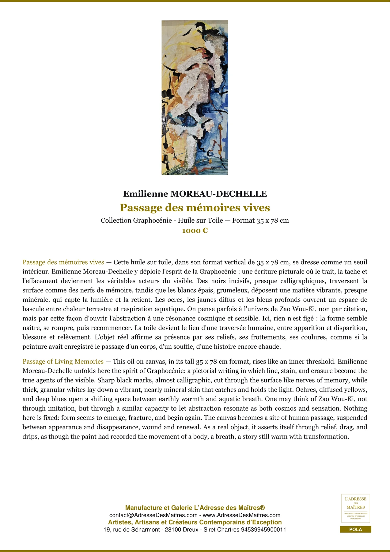 Fiche Premium - Passage des mémoires vives - Emilienne MOREAU-DECHELLE - L'Adresse des Maîtres®