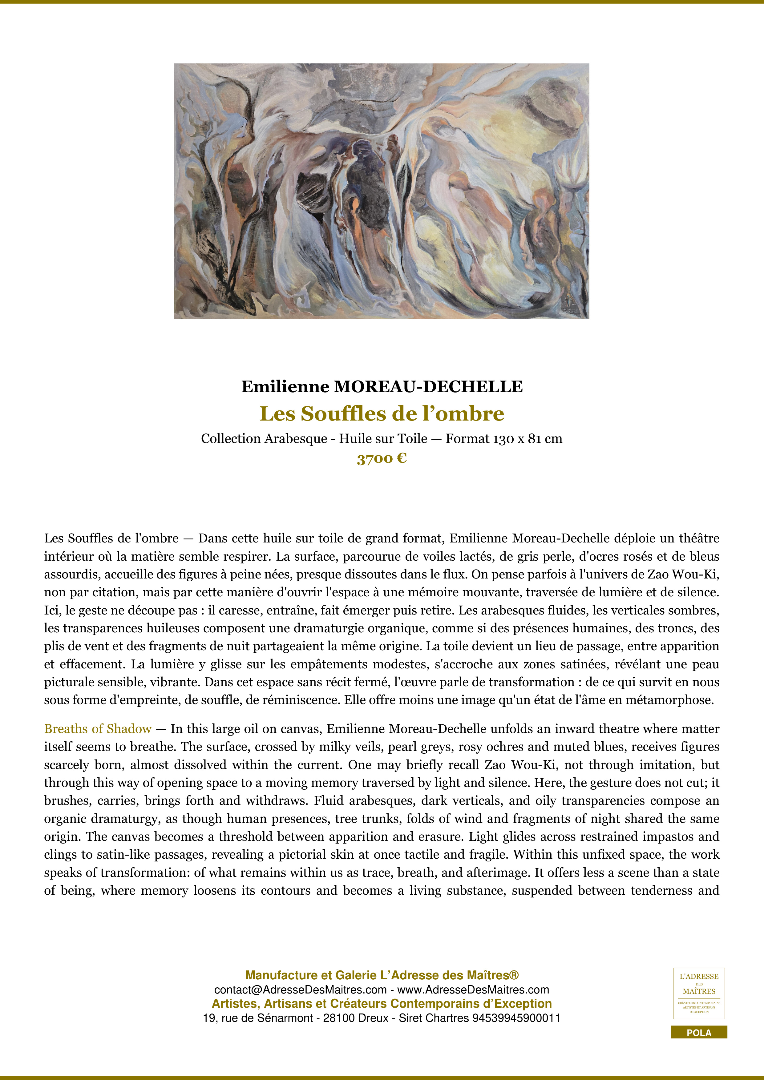 Fiche Premium — Les Souffles de l’ombre — Emilienne MOREAU-DECHELLE — L'Adresse des Maîtres®