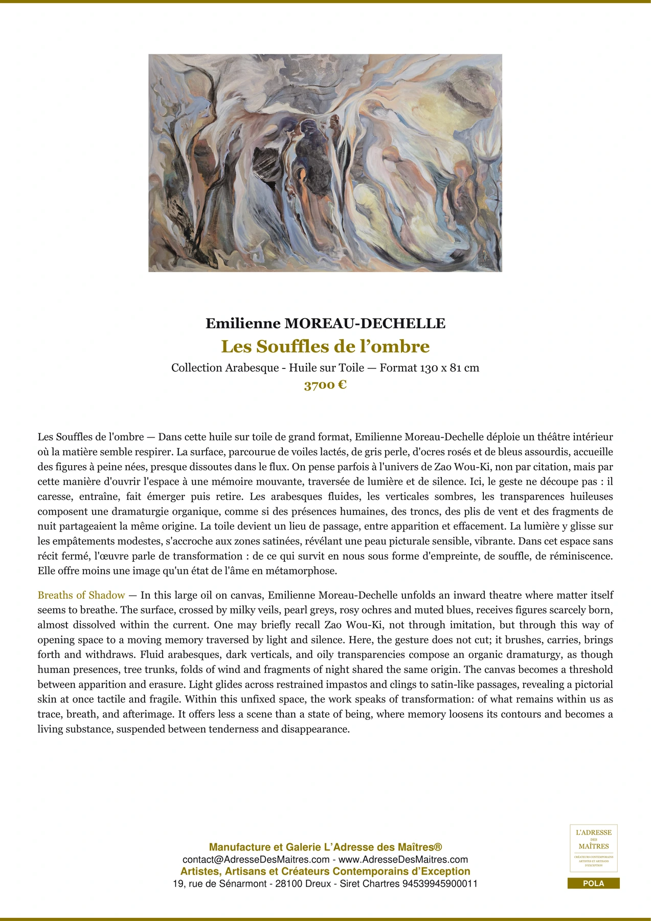Fiche Premium - Les Souffles de l’ombre - Emilienne MOREAU-DECHELLE - L'Adresse des Maîtres®