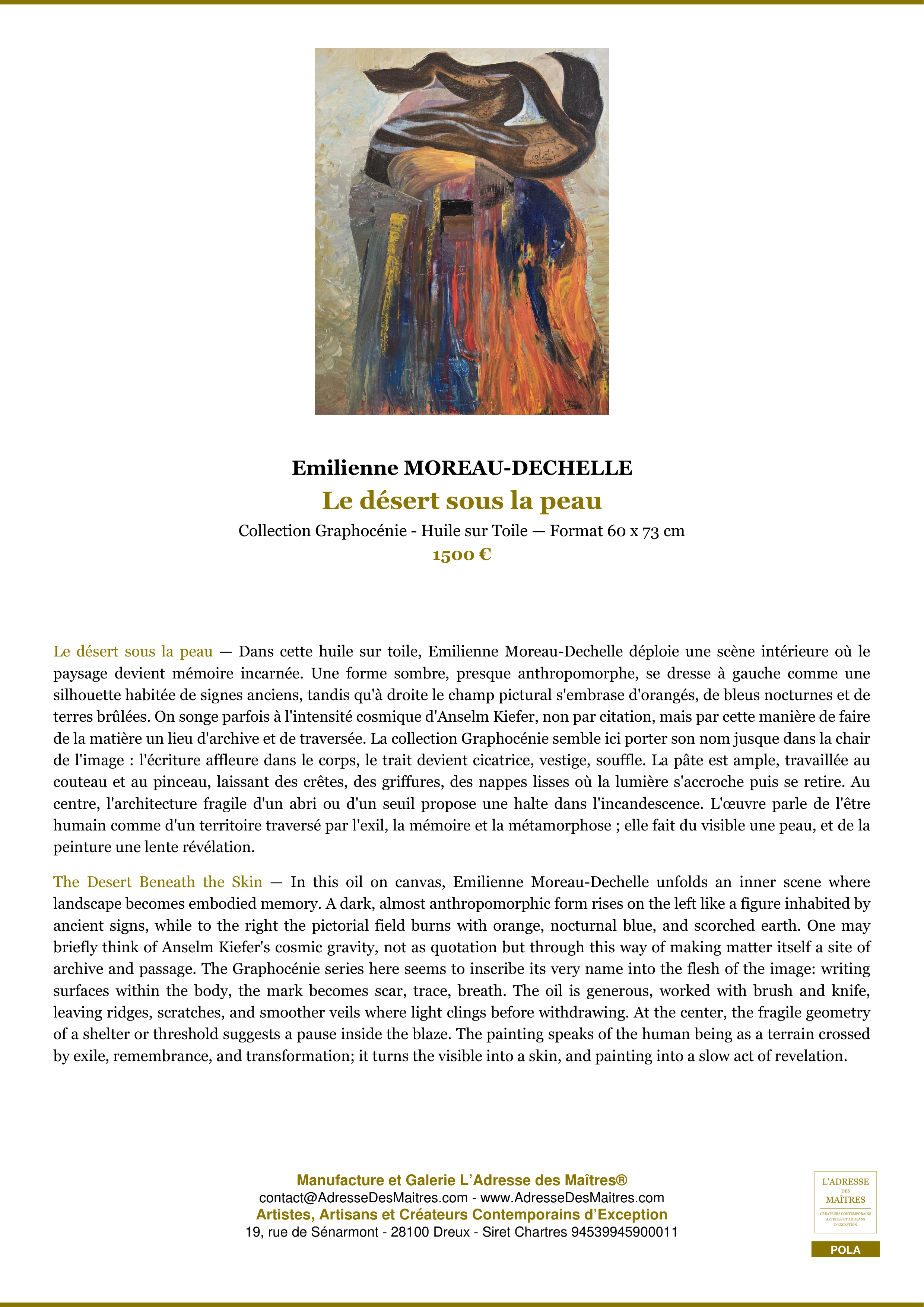 Fiche Premium — Le désert sous la peau — Emilienne MOREAU-DECHELLE — L'Adresse des Maîtres®