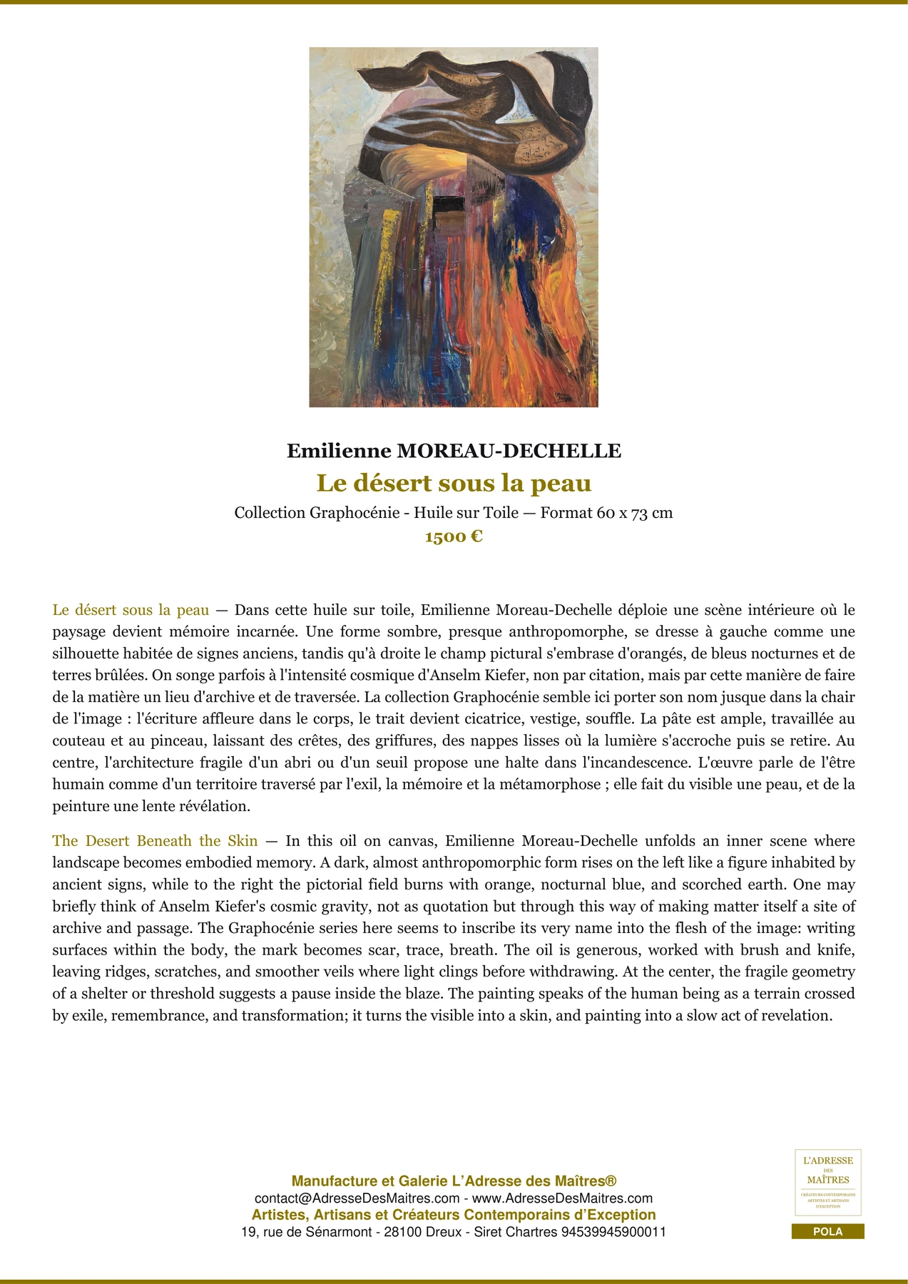 Fiche Premium - Le désert sous la peau - Emilienne MOREAU-DECHELLE - L'Adresse des Maîtres®