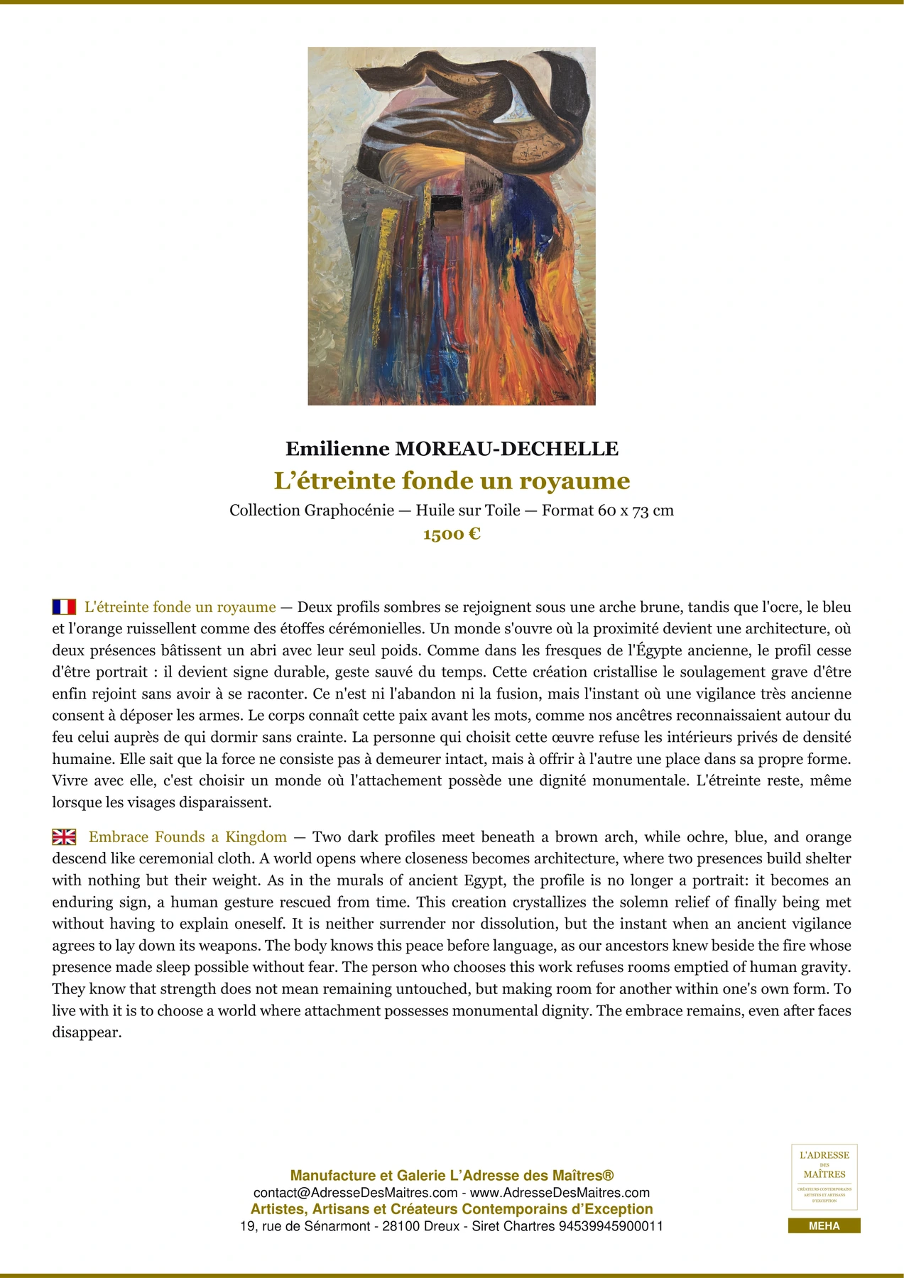Fiche Premium - L’étreinte fonde un royaume - Emilienne MOREAU-DECHELLE - L'Adresse des Maîtres®
