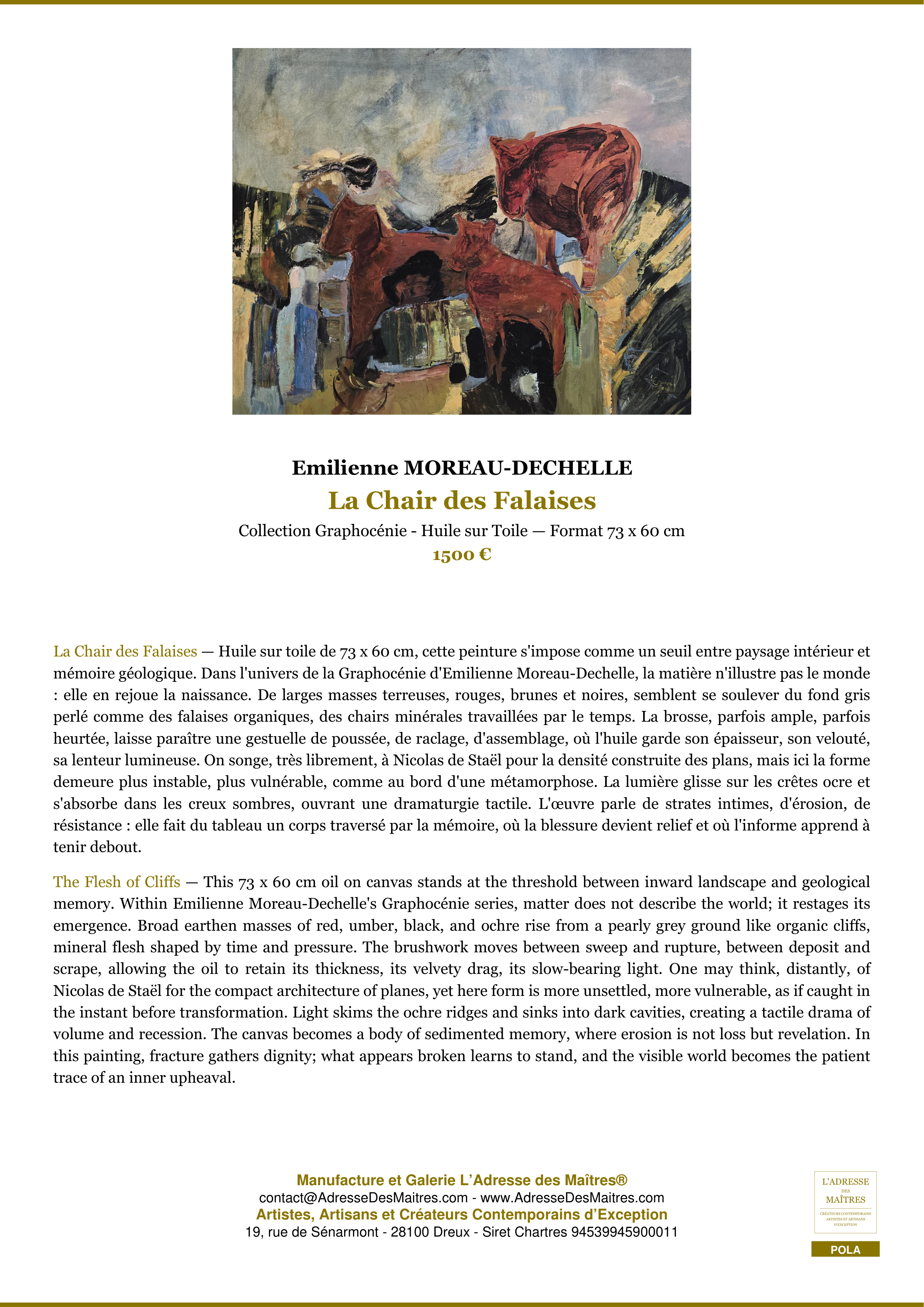 Fiche Premium — La Chair des Falaises — Emilienne MOREAU-DECHELLE — L'Adresse des Maîtres®