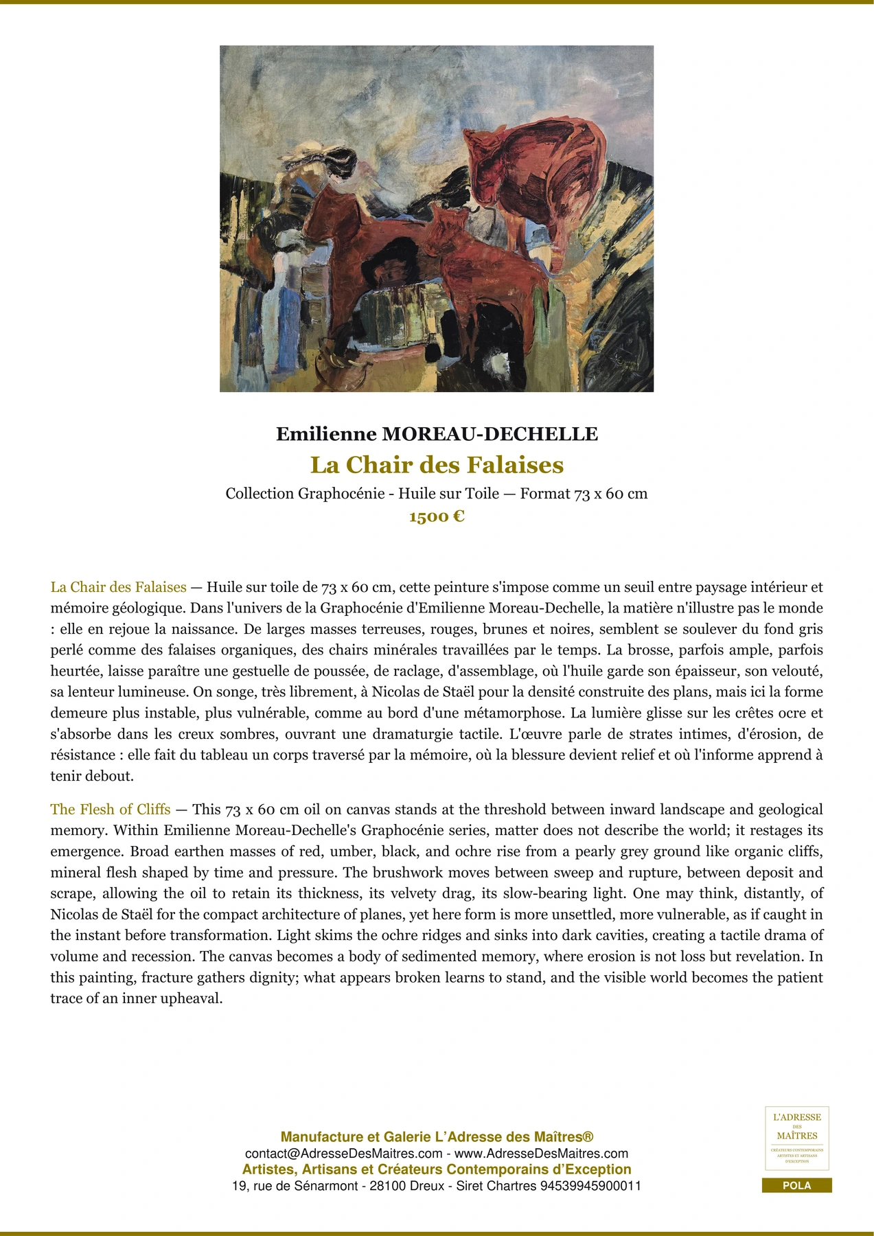 Fiche Premium - La Chair des Falaises - Emilienne MOREAU-DECHELLE - L'Adresse des Maîtres®