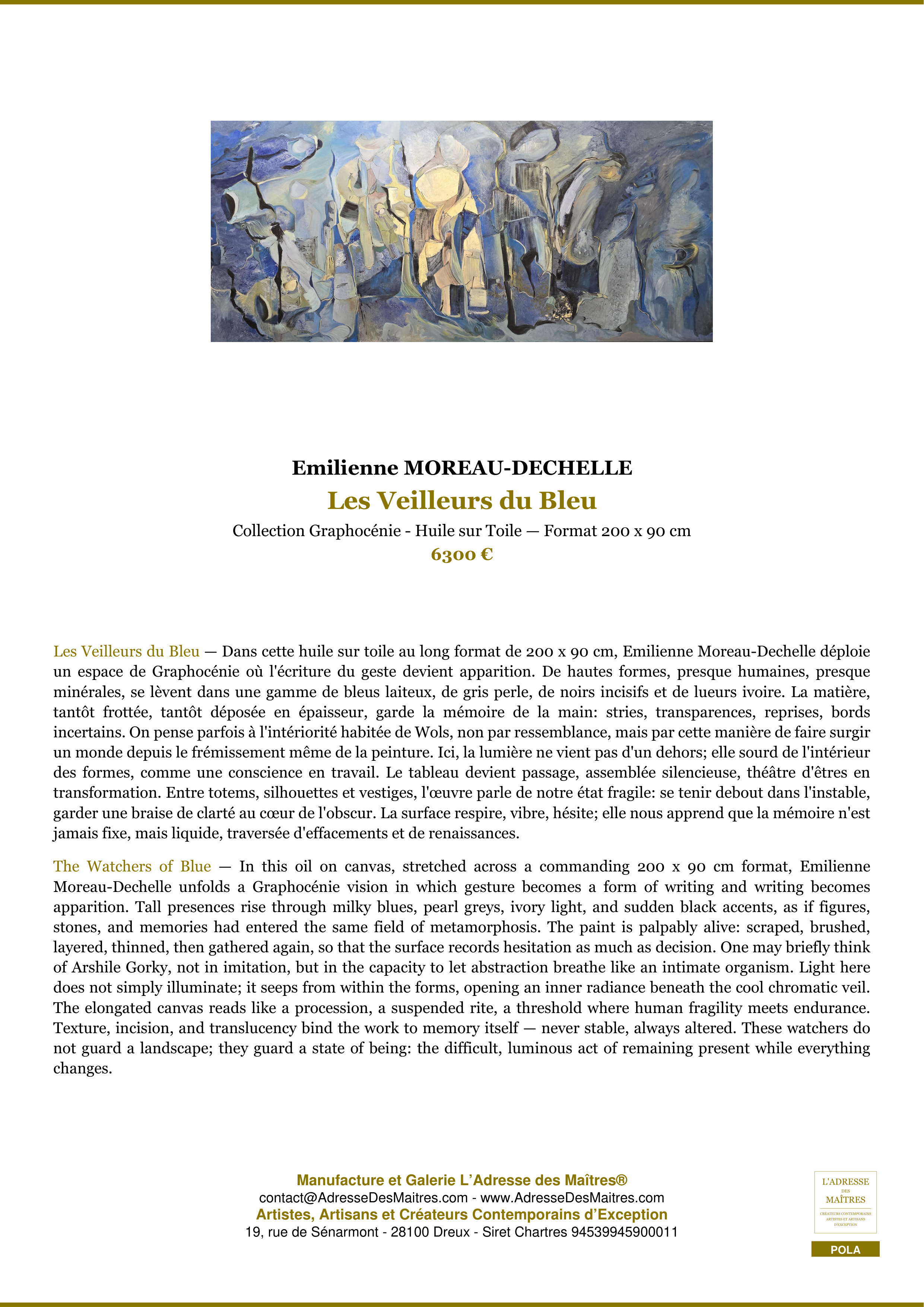 Fiche Premium — Les Veilleurs du Bleu — Emilienne MOREAU-DECHELLE — L'Adresse des Maîtres®