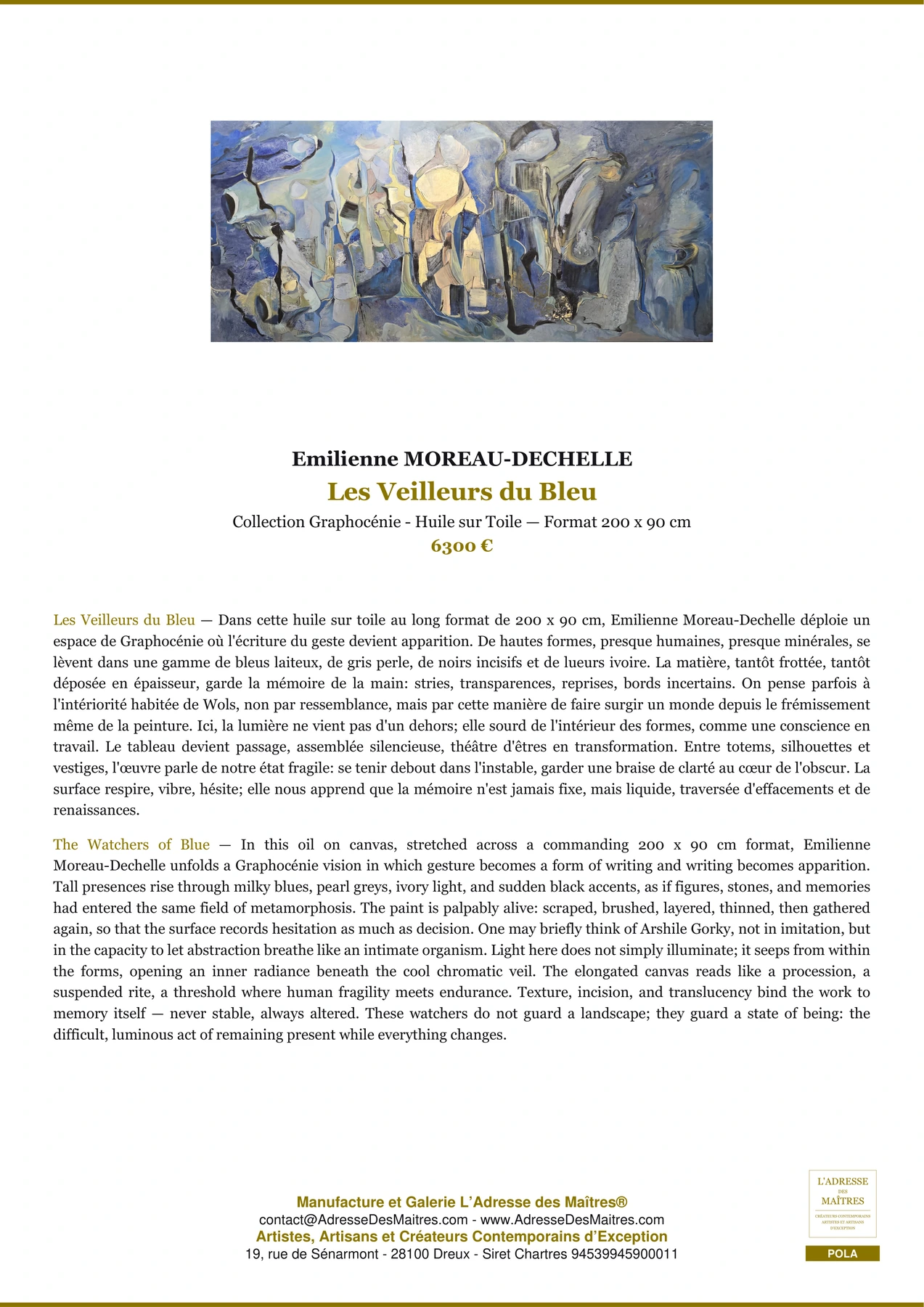Fiche Premium - Les Veilleurs du Bleu - Emilienne MOREAU-DECHELLE - L'Adresse des Maîtres®