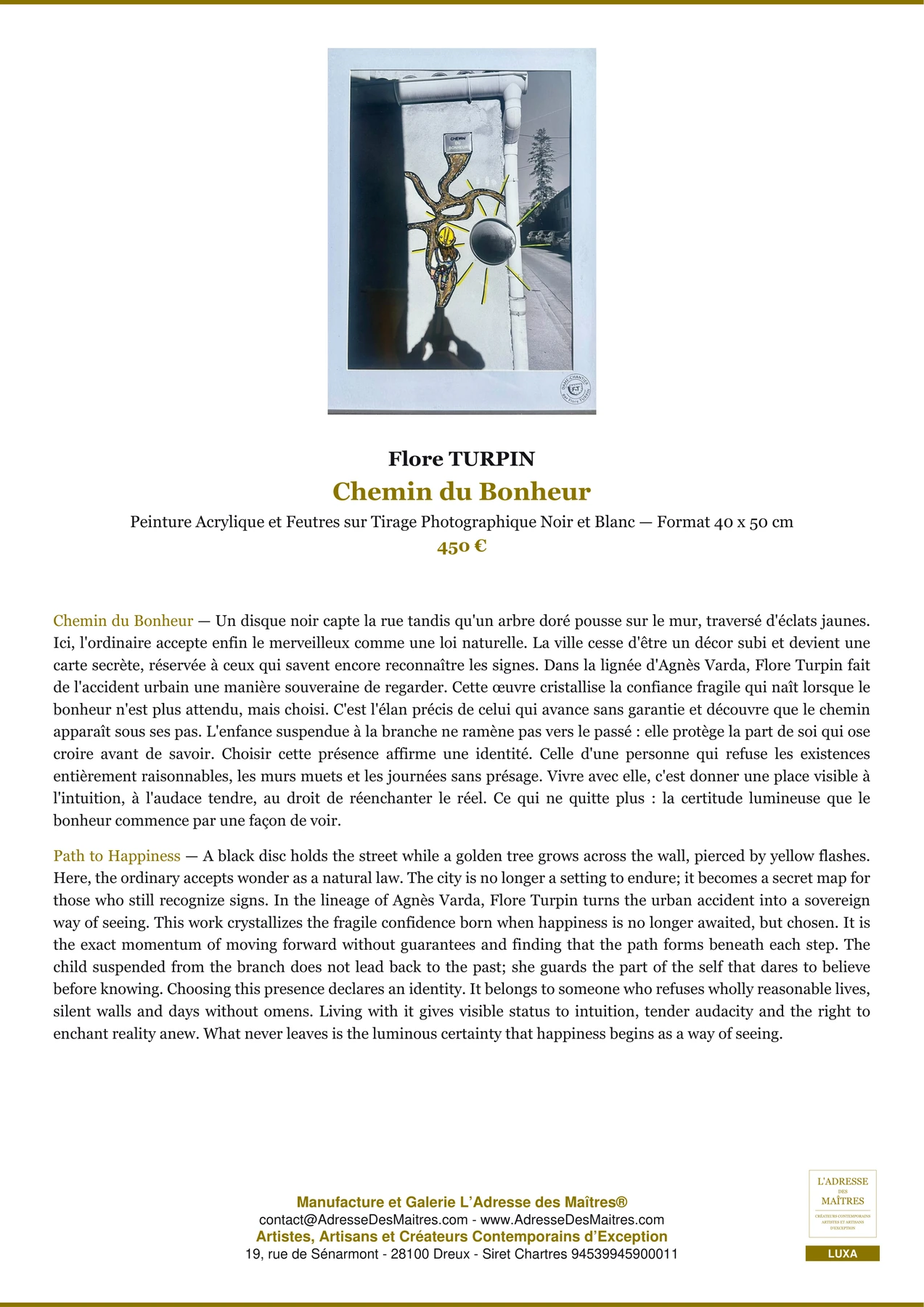 Fiche Premium - Chemin du Bonheur - Flore TURPIN - L'Adresse des Maîtres®