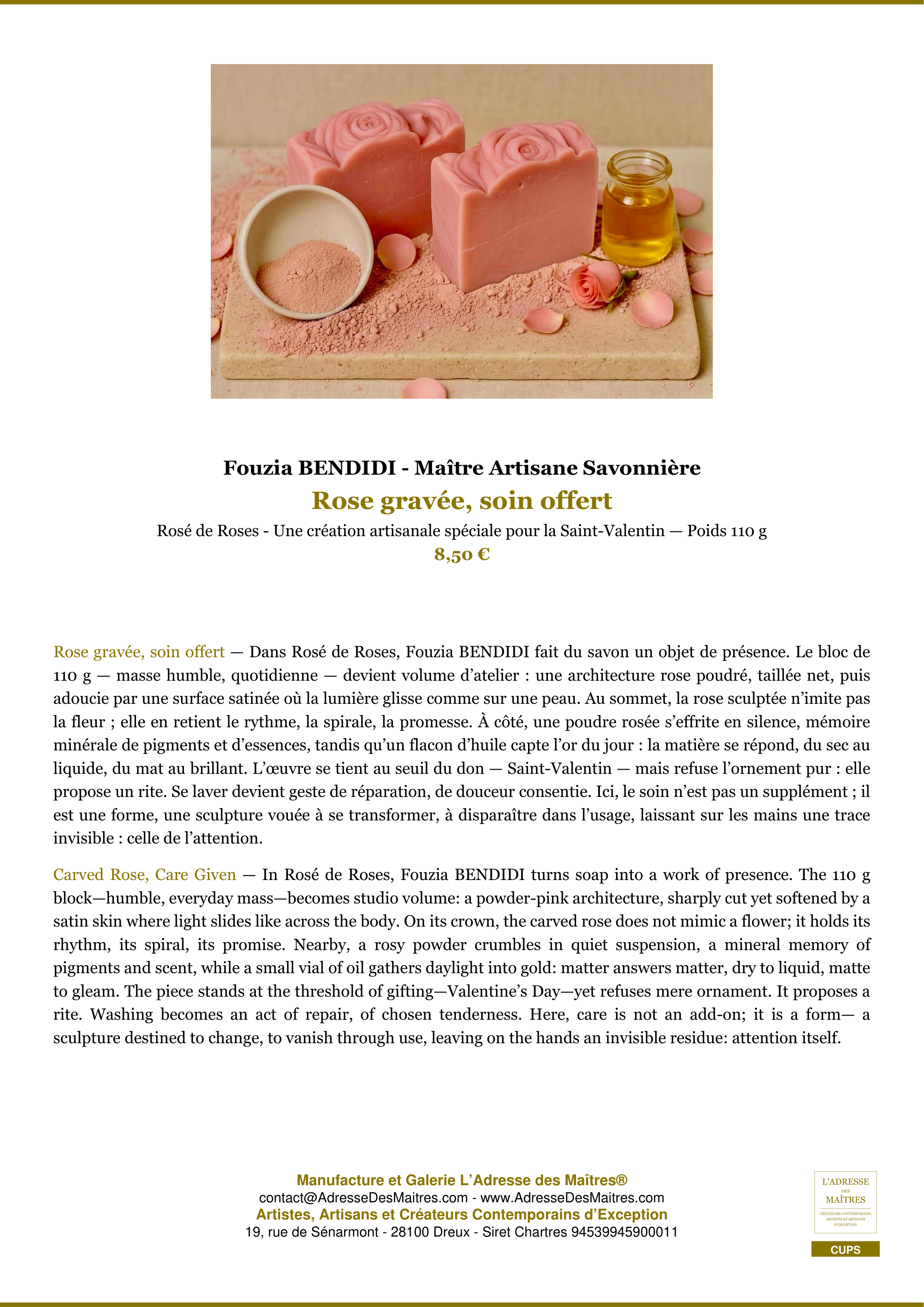 Fiche Premium — Rose gravée, soin offert — Fouzia BENDIDI - Maître Artisane Savonnière — L'Adresse des Maîtres®