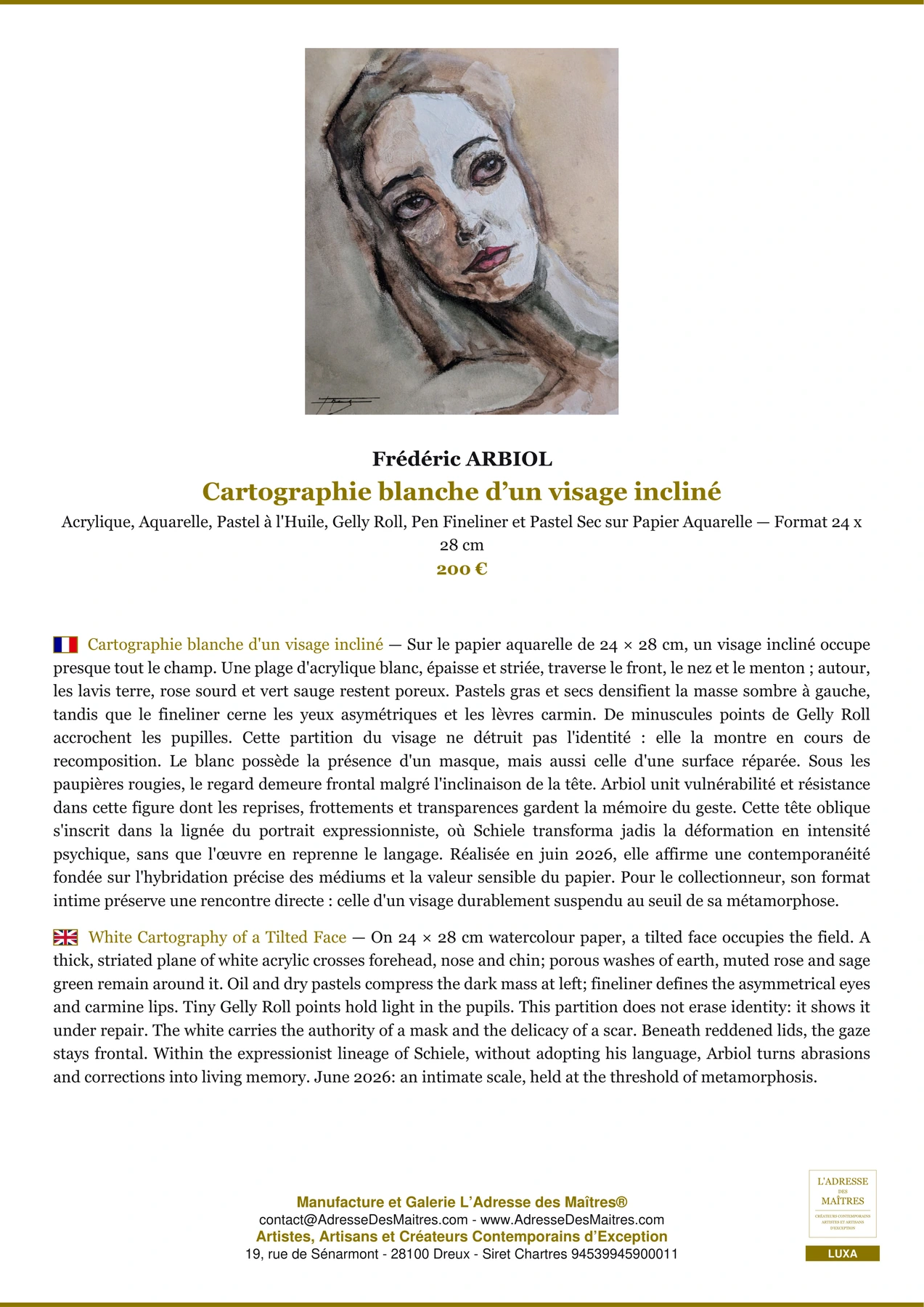 Cartographie blanche d’un visage incliné — Fiche Premium, Acrylique, Aquarelle, Pastel à l'Huile, Gelly Roll, Pen Fineliner et Pastel Sec sur Papier Aquarelle 24 x 28 cm, Frédéric ARBIOL