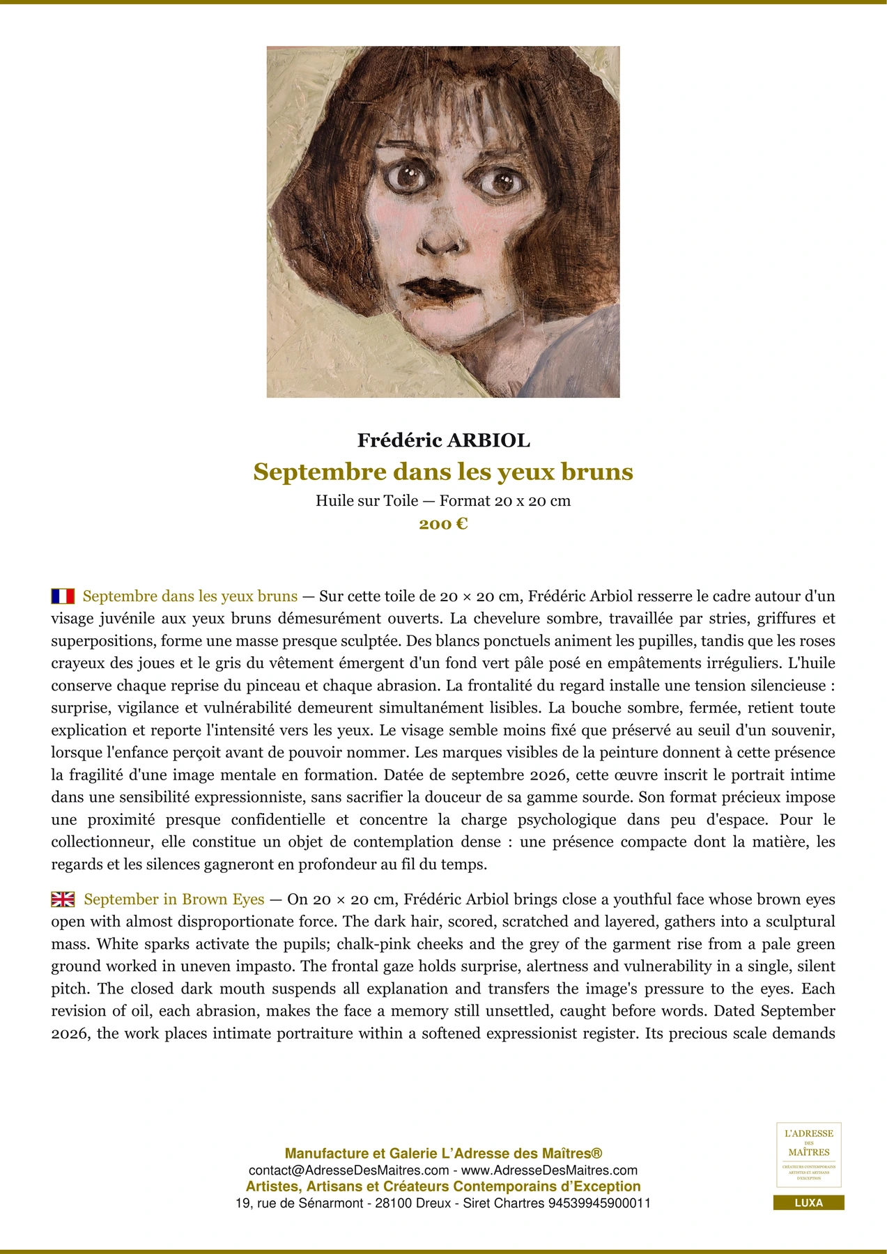 Septembre dans les yeux bruns — Fiche Premium, Huile sur Toile 20 x 20 cm, Frédéric ARBIOL