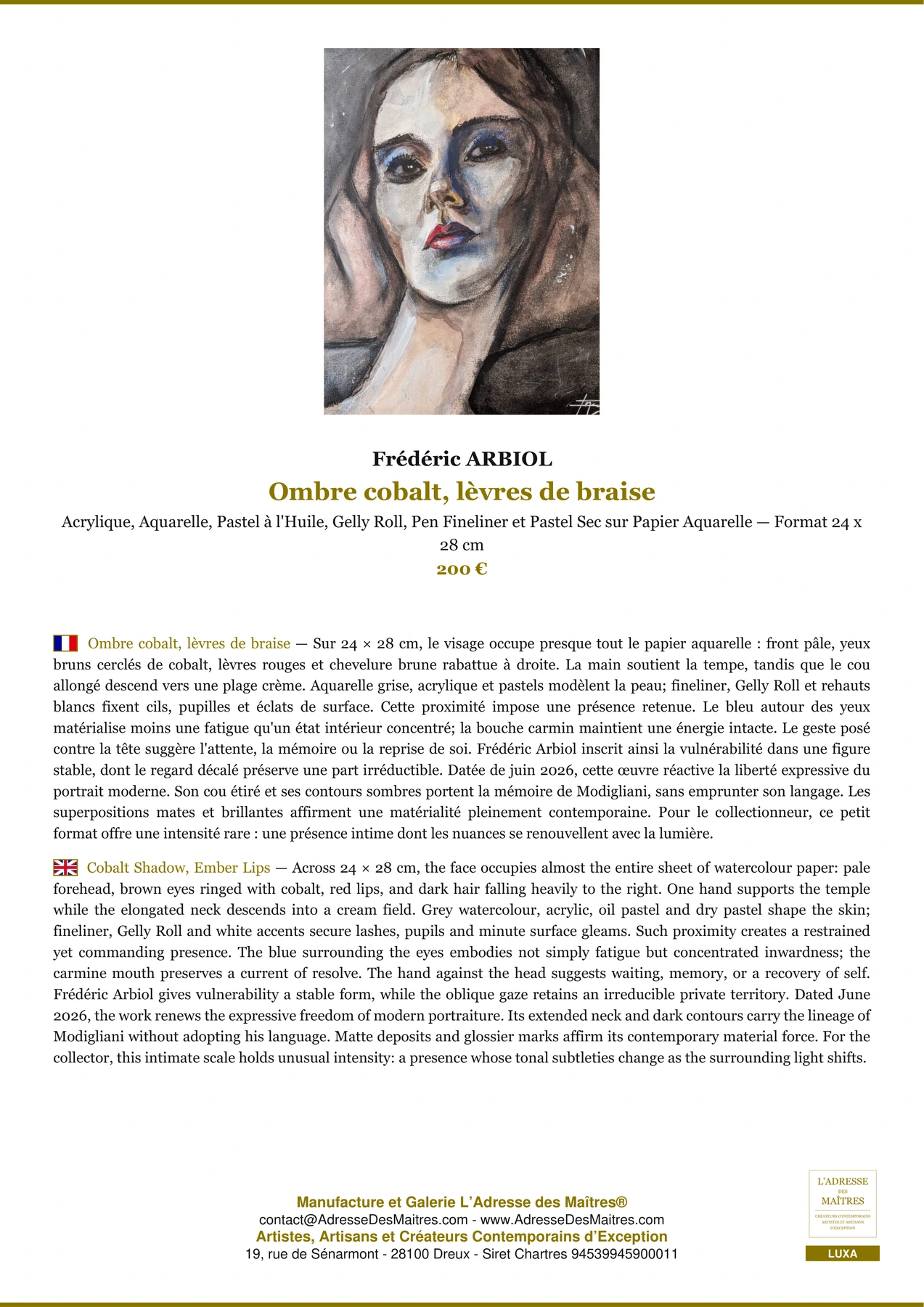 Fiche Premium - Ombre cobalt, lèvres de braise - Frédéric ARBIOL - L'Adresse des Maîtres®
