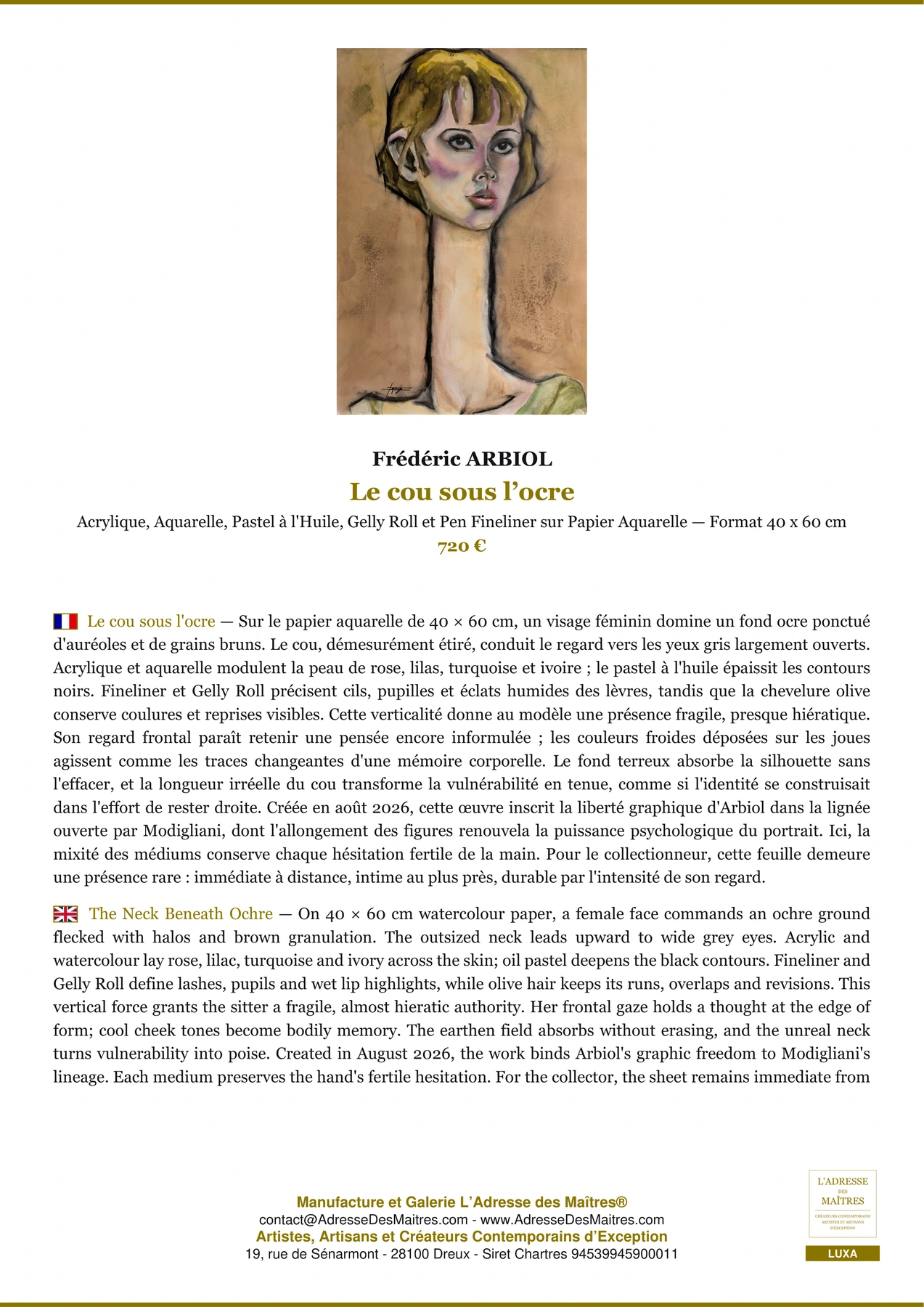 Fiche Premium - Le cou sous l’ocre - Frédéric ARBIOL - L'Adresse des Maîtres®